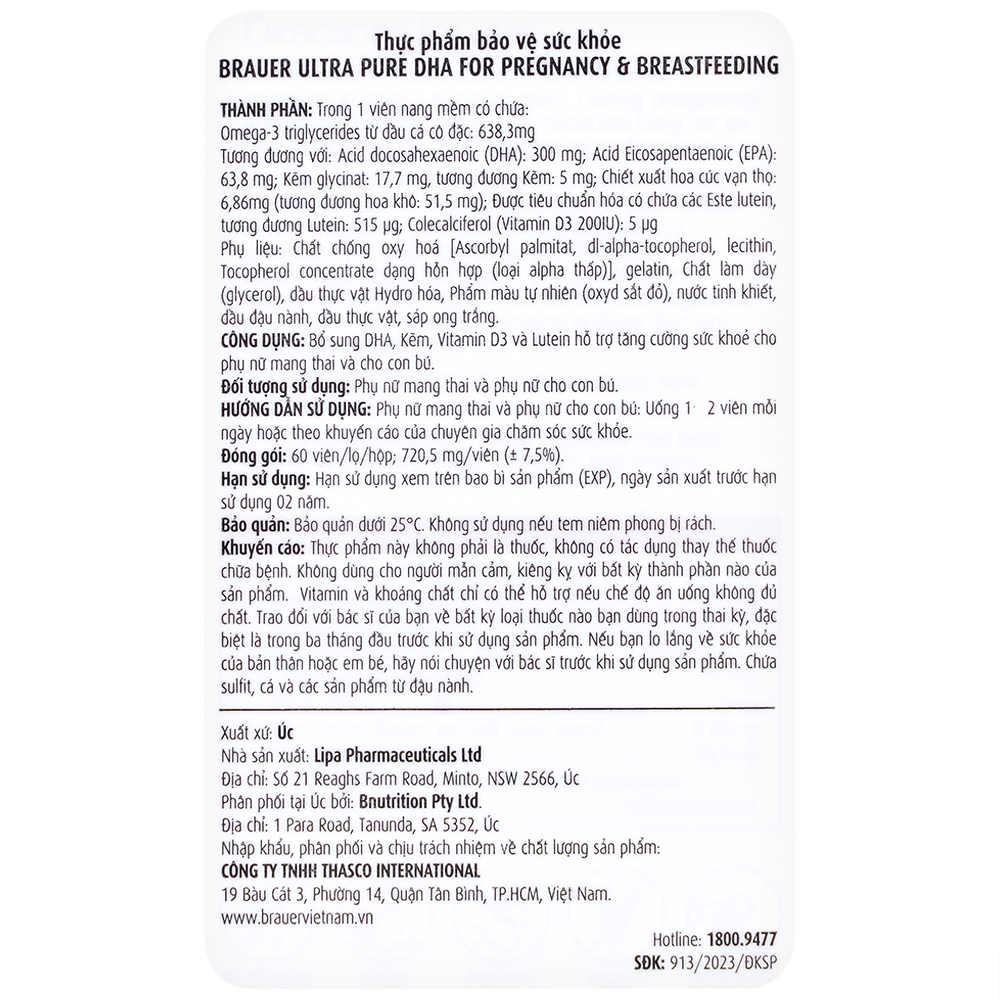Viên uống hỗ trợ tăng cường sức khoẻ phụ nữ mang thai và cho con bú Brauer Ultra Pure DHA For Pregnancy & Breastfeeding (60 viên)