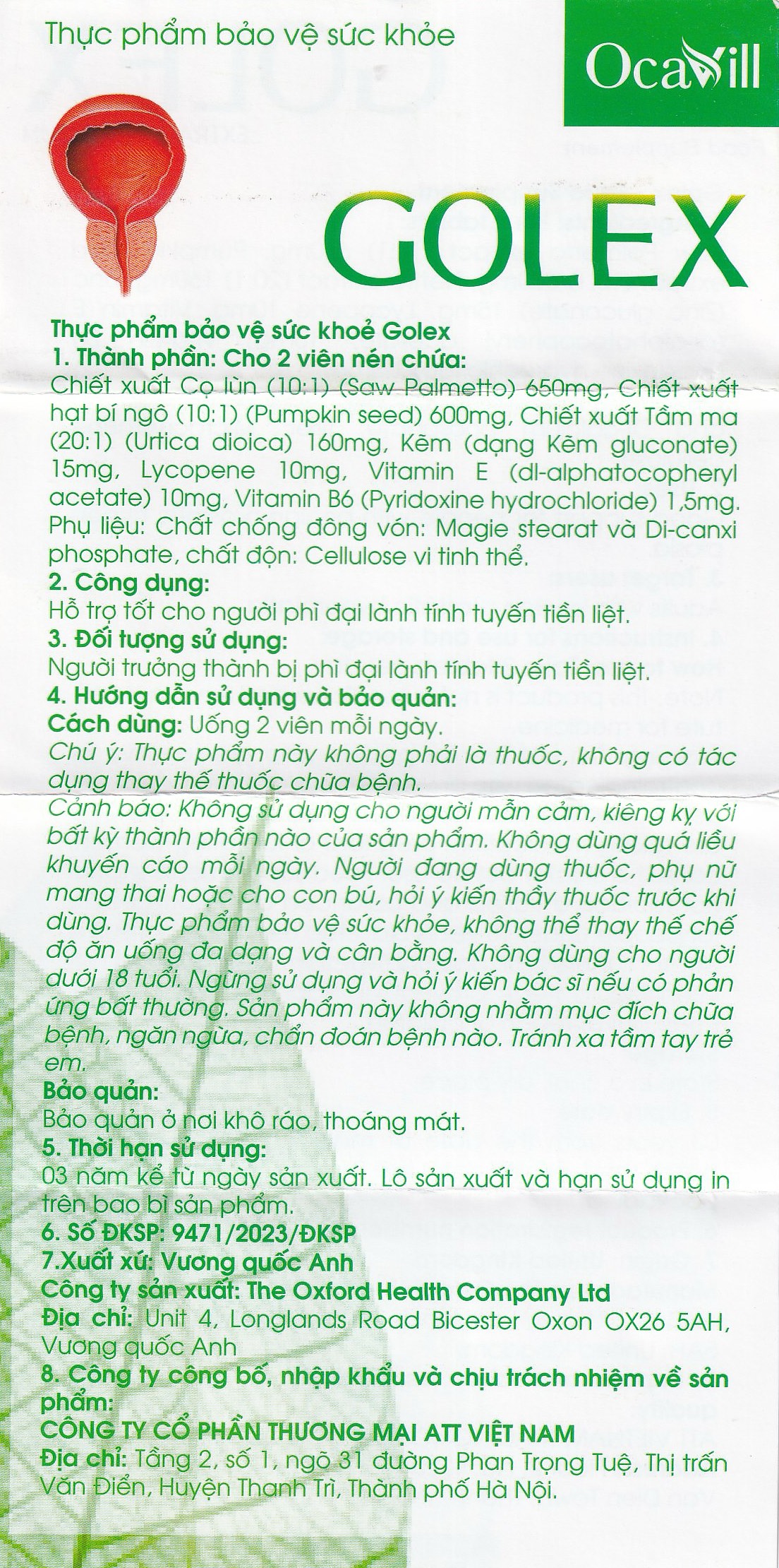 Viên uống hỗ trợ cho người phì đại lành tính tuyến tiền liệt Golex Ocavill (30 viên)