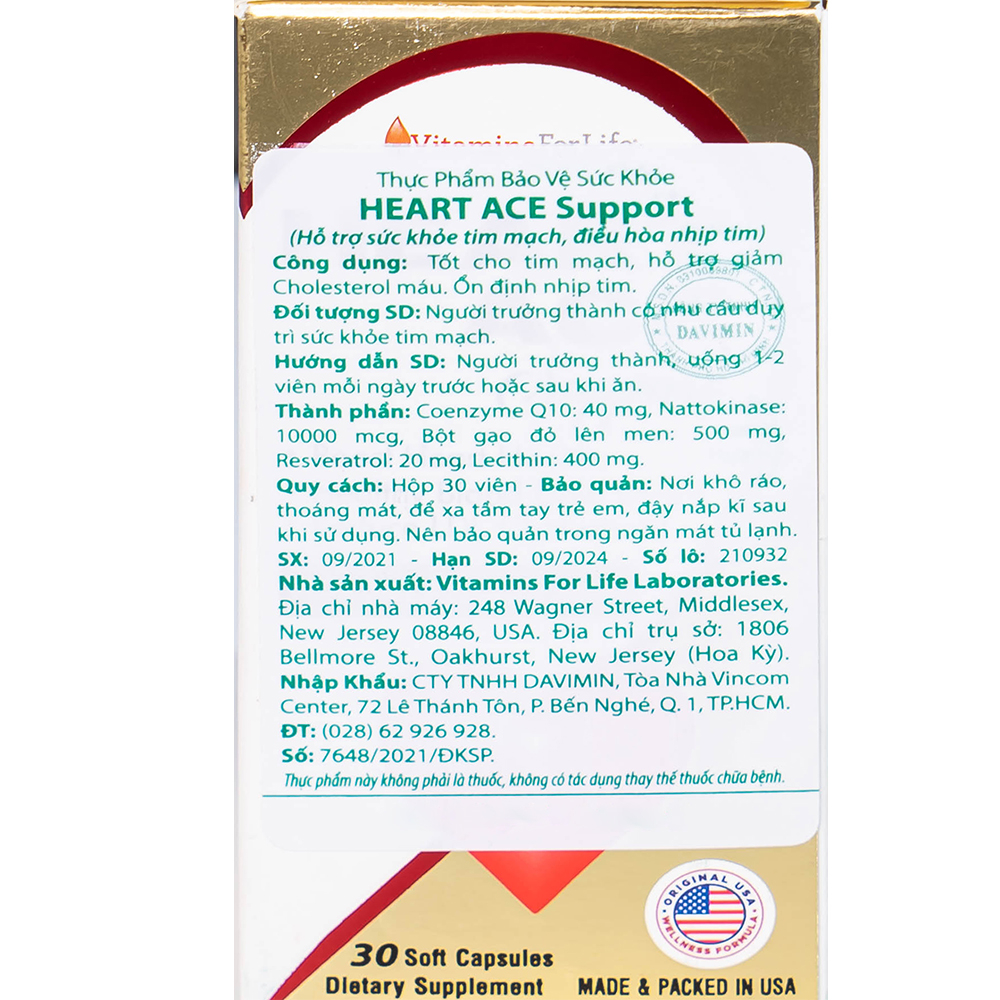 Viên uống hỗ trợ sức khỏe tim mạch, ổn định nhịp tim Heart Ace Support Vitamins For Life (30 viên)