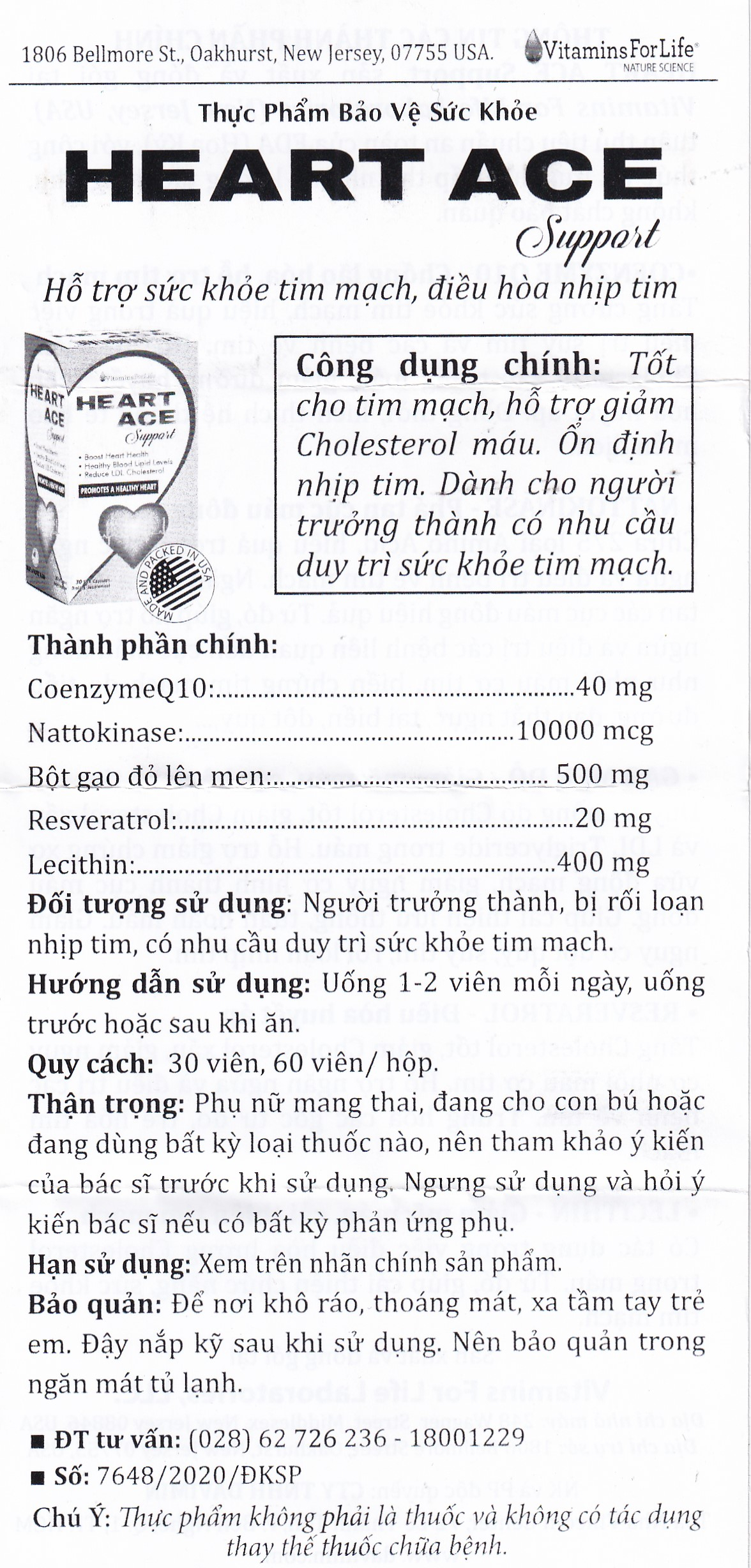 Viên uống hỗ trợ sức khỏe tim mạch, ổn định nhịp tim Heart Ace Support Vitamins For Life (30 viên)