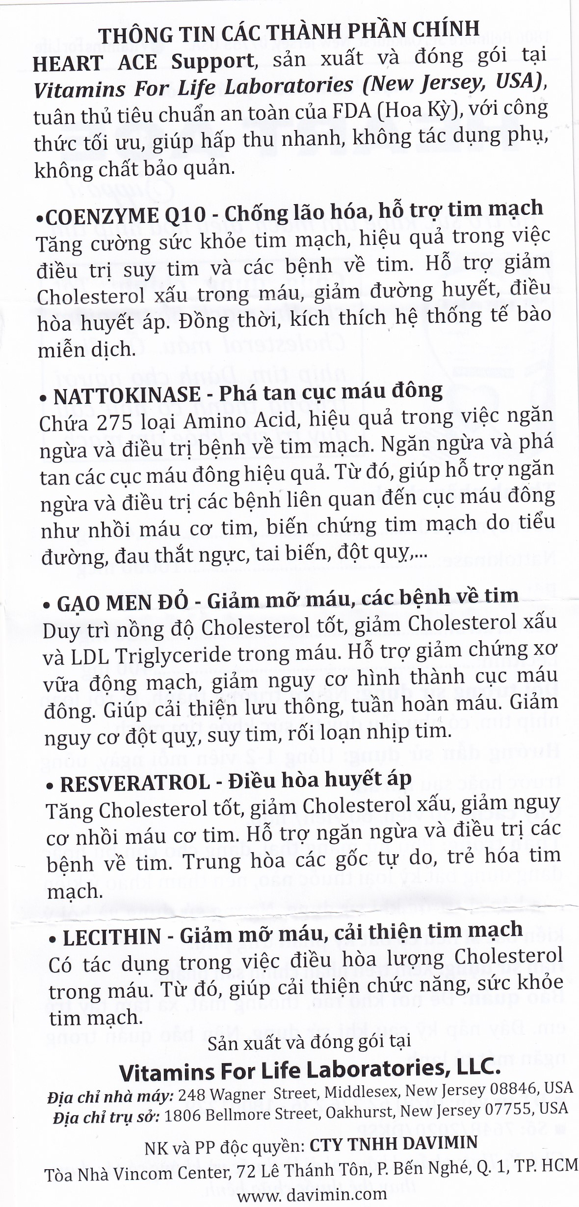 Viên uống hỗ trợ sức khỏe tim mạch, ổn định nhịp tim Heart Ace Support Vitamins For Life (30 viên)