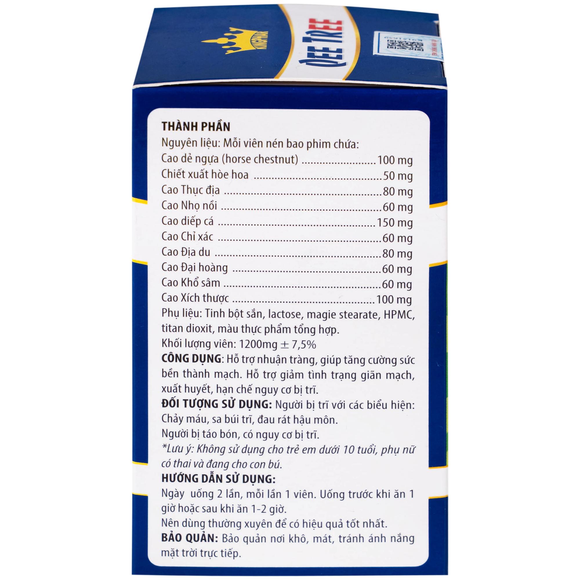 Viên uống hỗ trợ nhuận tràng, hạn chế nguy cơ bị trĩ Qee Tree Kingphar (60 viên)