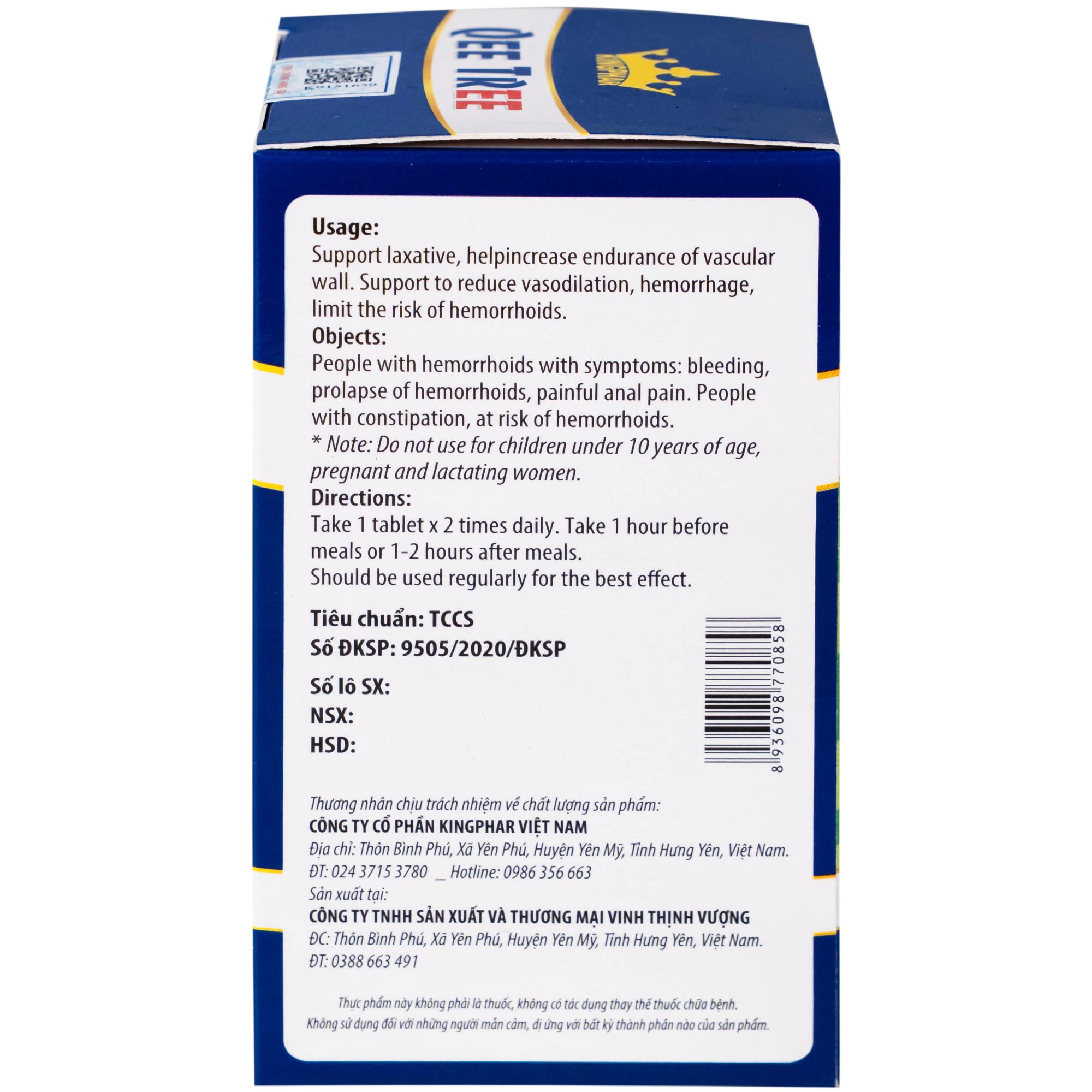 Viên uống hỗ trợ nhuận tràng, hạn chế nguy cơ bị trĩ Qee Tree Kingphar (60 viên)