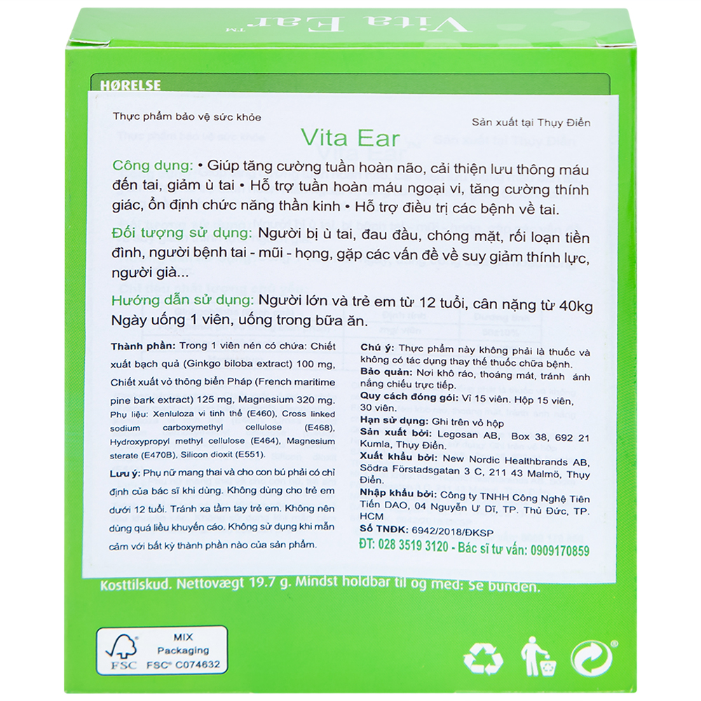 Viên uống hỗ trợ các bệnh về tai, giảm ù tai, tăng cường thính giác Vita Ear New Nordic (15 viên)