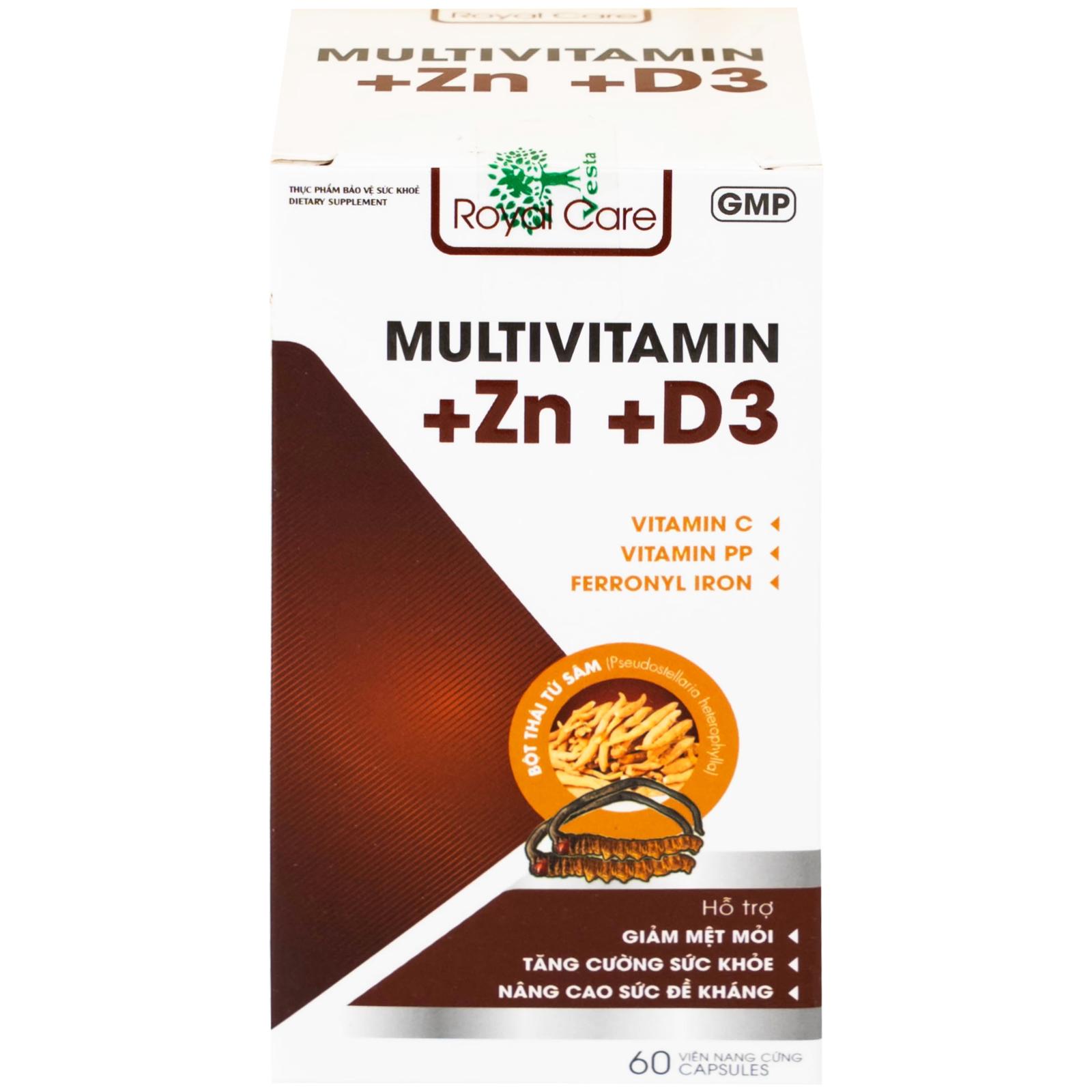 Viên uống hỗ trợ tăng cường sức khỏe nâng cao sức đề kháng Multivitamin +Zn +D3 Royal Care (60 viên)