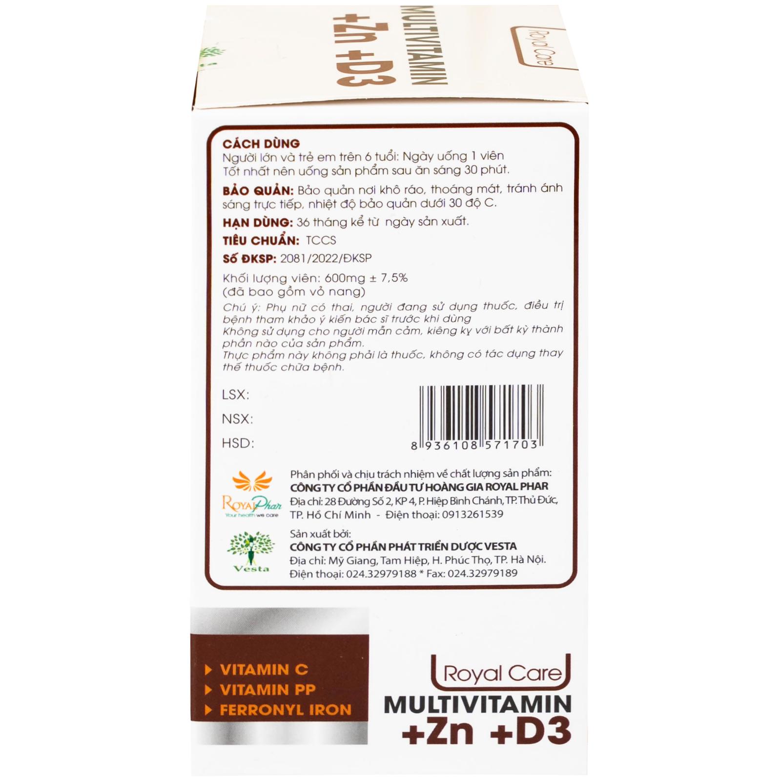 Viên uống hỗ trợ tăng cường sức khỏe nâng cao sức đề kháng Multivitamin +Zn +D3 Royal Care (60 viên)