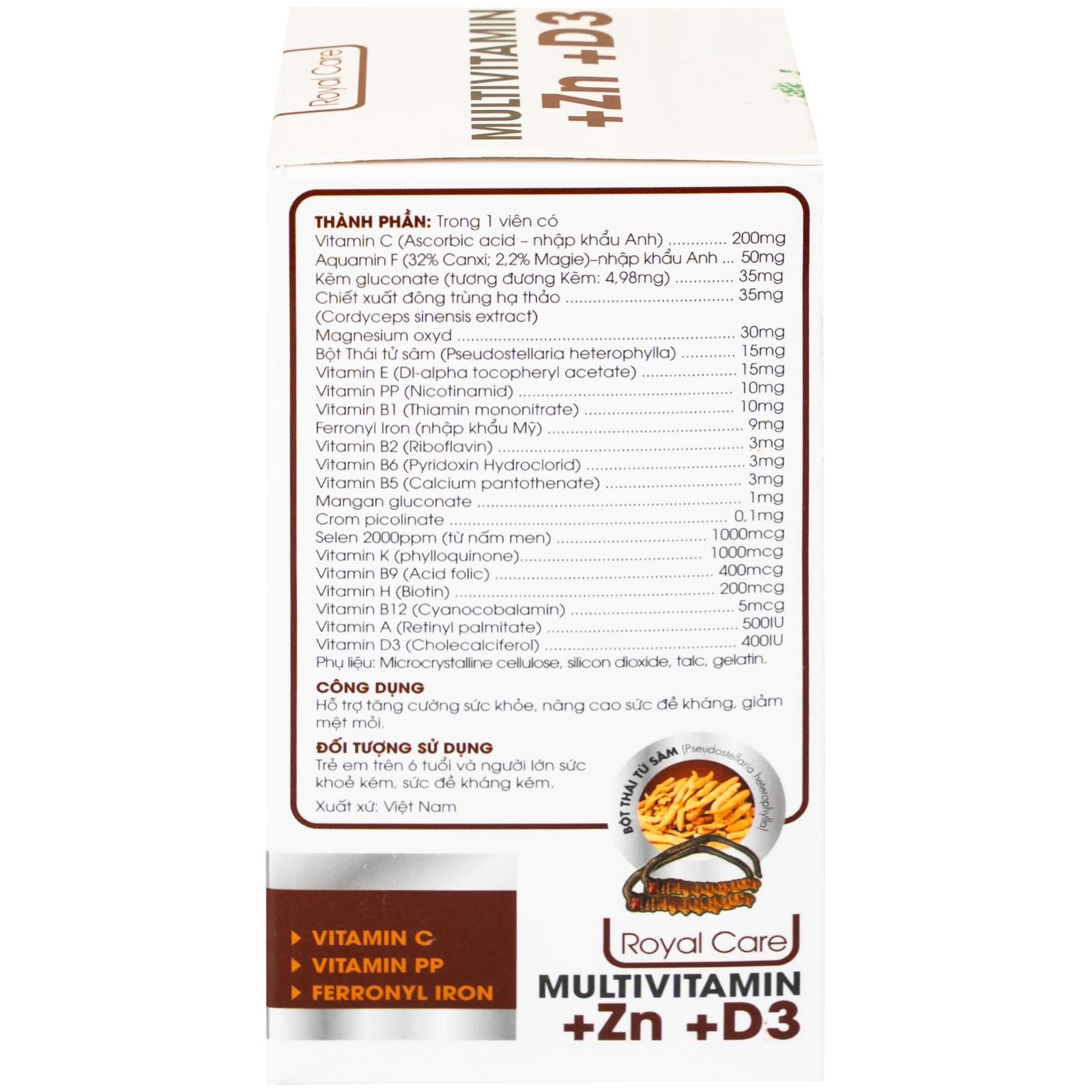 Viên uống hỗ trợ tăng cường sức khỏe nâng cao sức đề kháng Multivitamin +Zn +D3 Royal Care (60 viên)