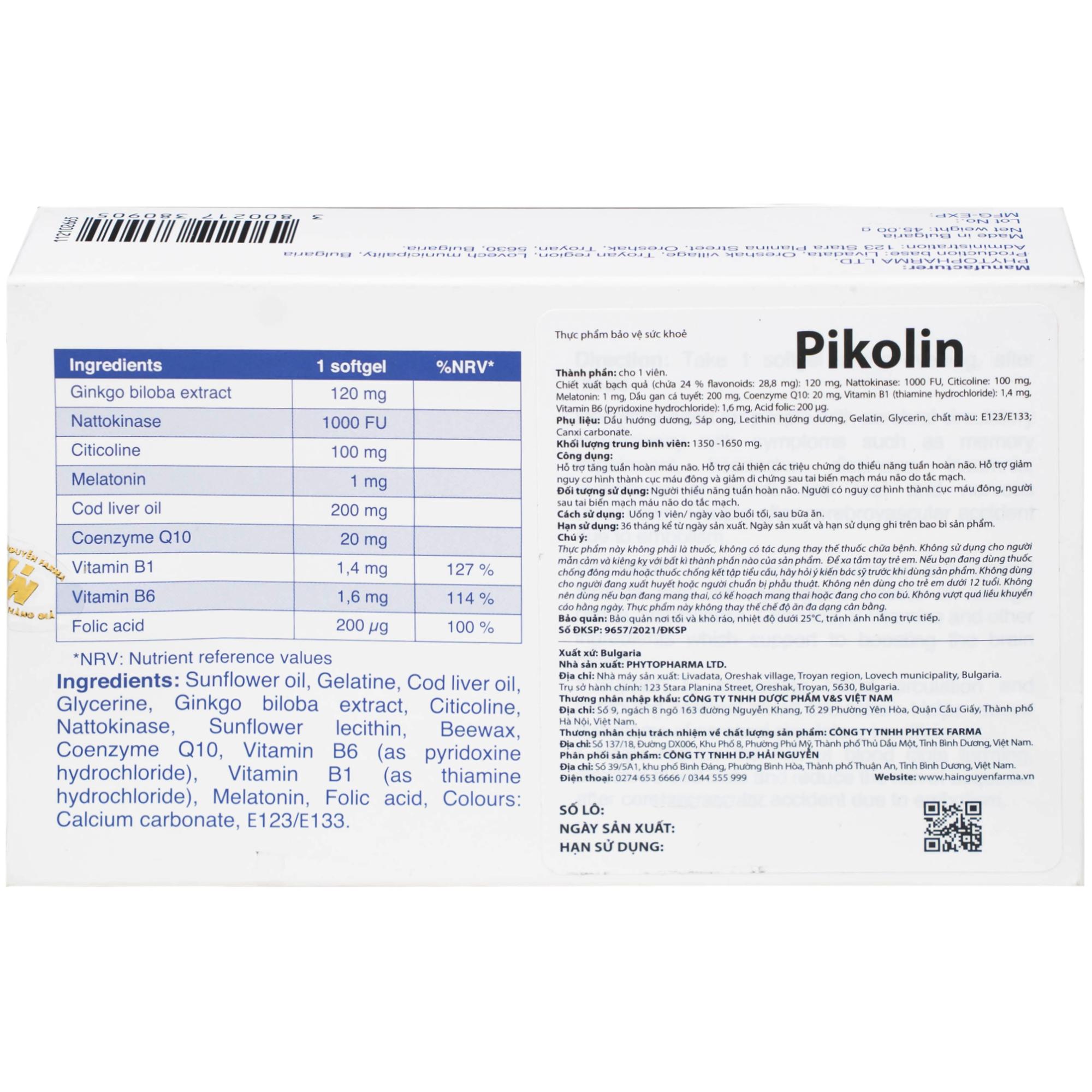 Viên uống hỗ trợ tăng tuần hoàn máu não, giảm nguy cơ hình thành cục máu đông Pikolin Ocavill (2 vỉ x 15 viên)