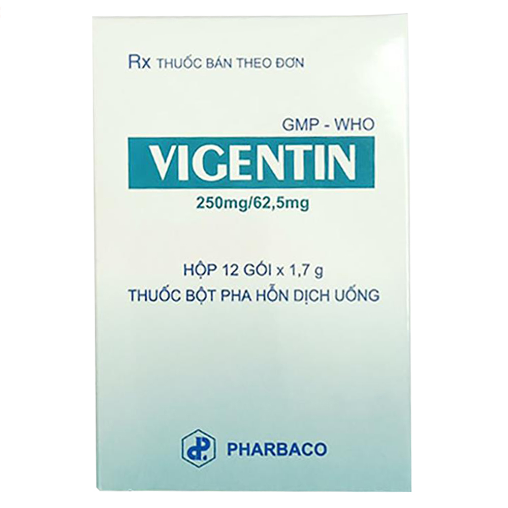 Thuốc Vigentin 250mg/62.5mg Pharbaco điều trị nhiễm khuẩn ở đường hô hấp trên và dưới (12 gói)