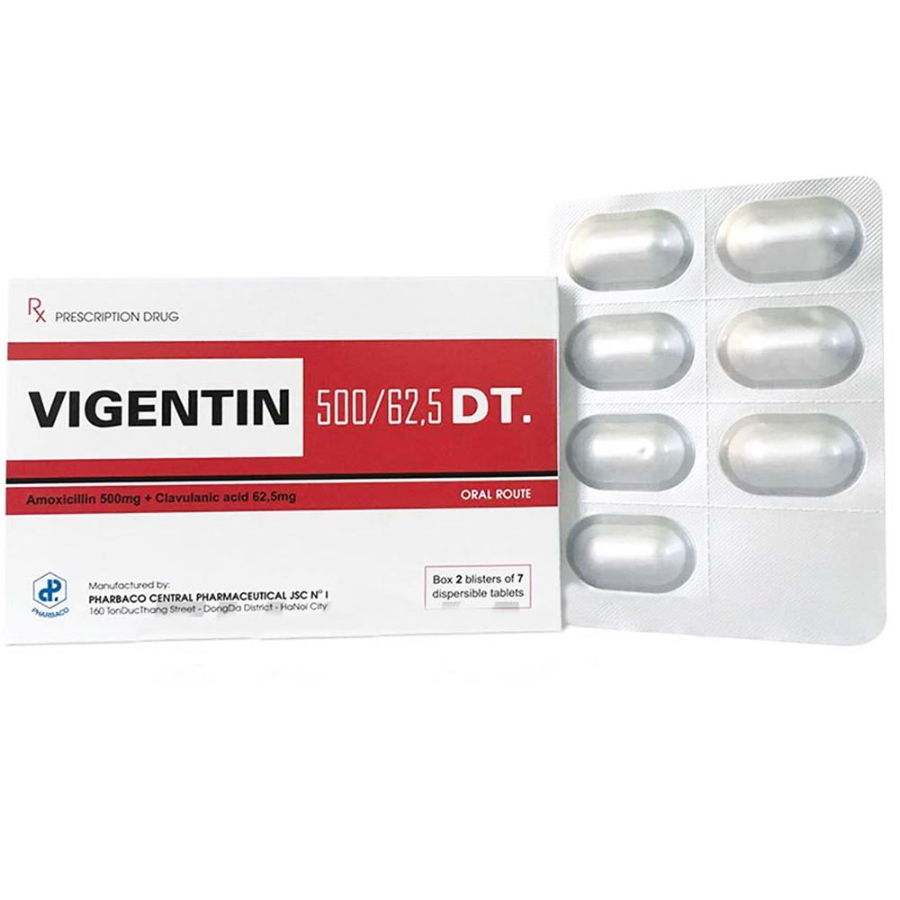 Thuốc Vigentin 500/62,5 DT Pharbaco điều trị nhiều loại nhiễm khuẩn ở đường hô hấp trên (2 vỉ x 7 viên)