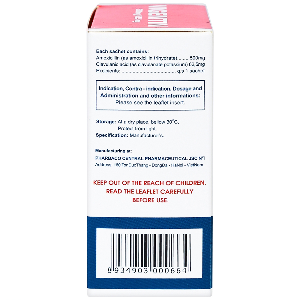 Thuốc bột pha hỗn dịch uống Vigentin 500mg/62,5mg Pharbaco điều trị các chứng nhiễm khuẩn (12 gói x 2g)