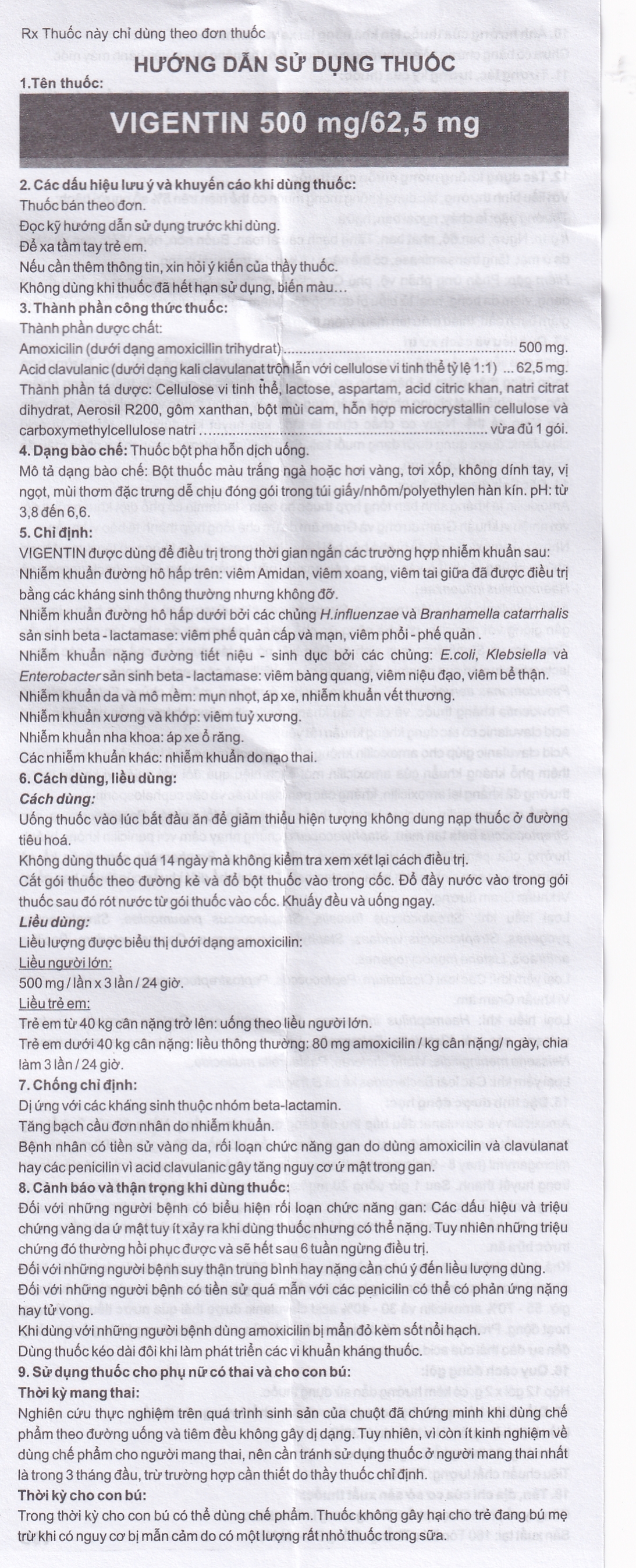 Thuốc bột pha hỗn dịch uống Vigentin 500mg/62,5mg Pharbaco điều trị các chứng nhiễm khuẩn (12 gói x 2g)