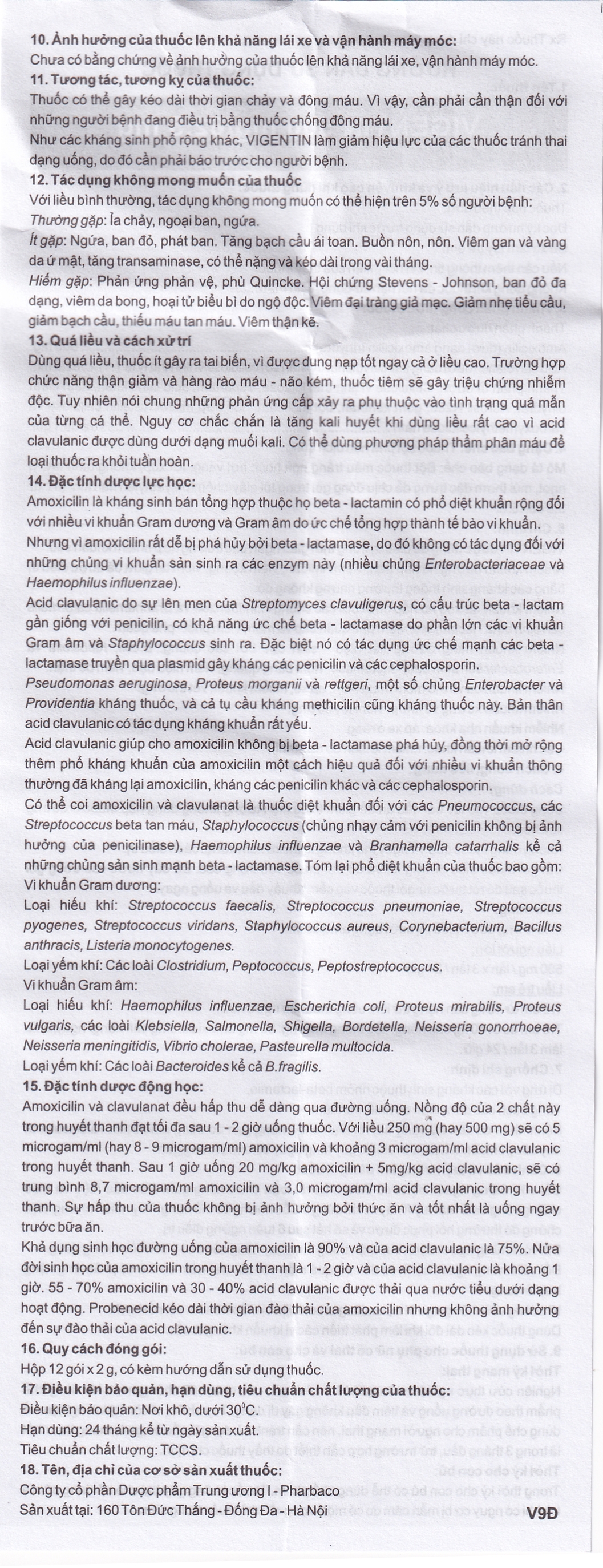 Thuốc bột pha hỗn dịch uống Vigentin 500mg/62,5mg Pharbaco điều trị các chứng nhiễm khuẩn (12 gói x 2g)