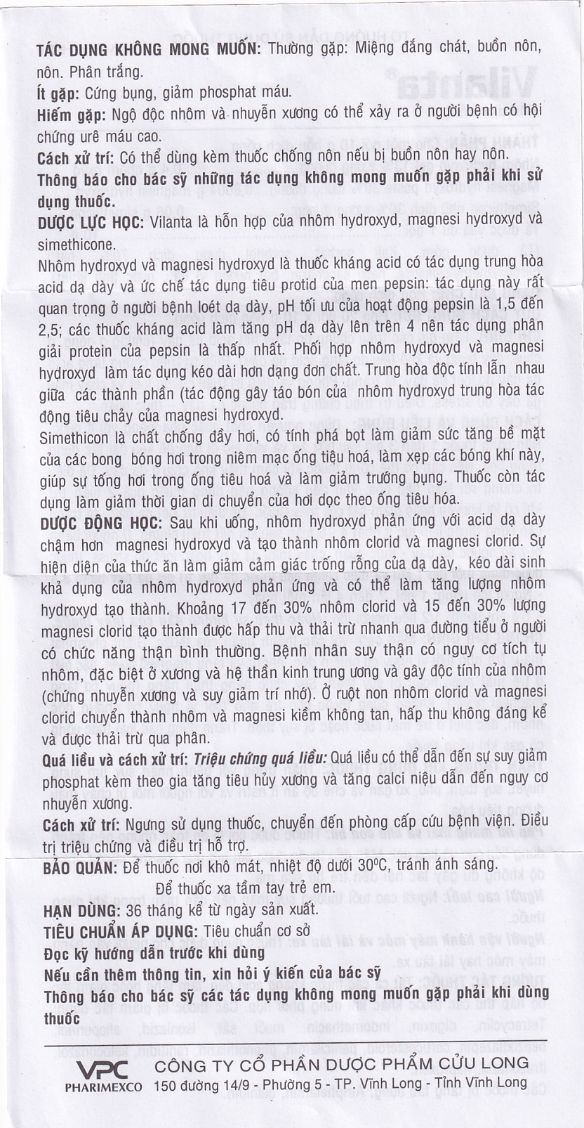 Thuốc Vilanta Pharimexco dịu triệu chứng ợ nóng, ợ chua (20 gói x 10g)