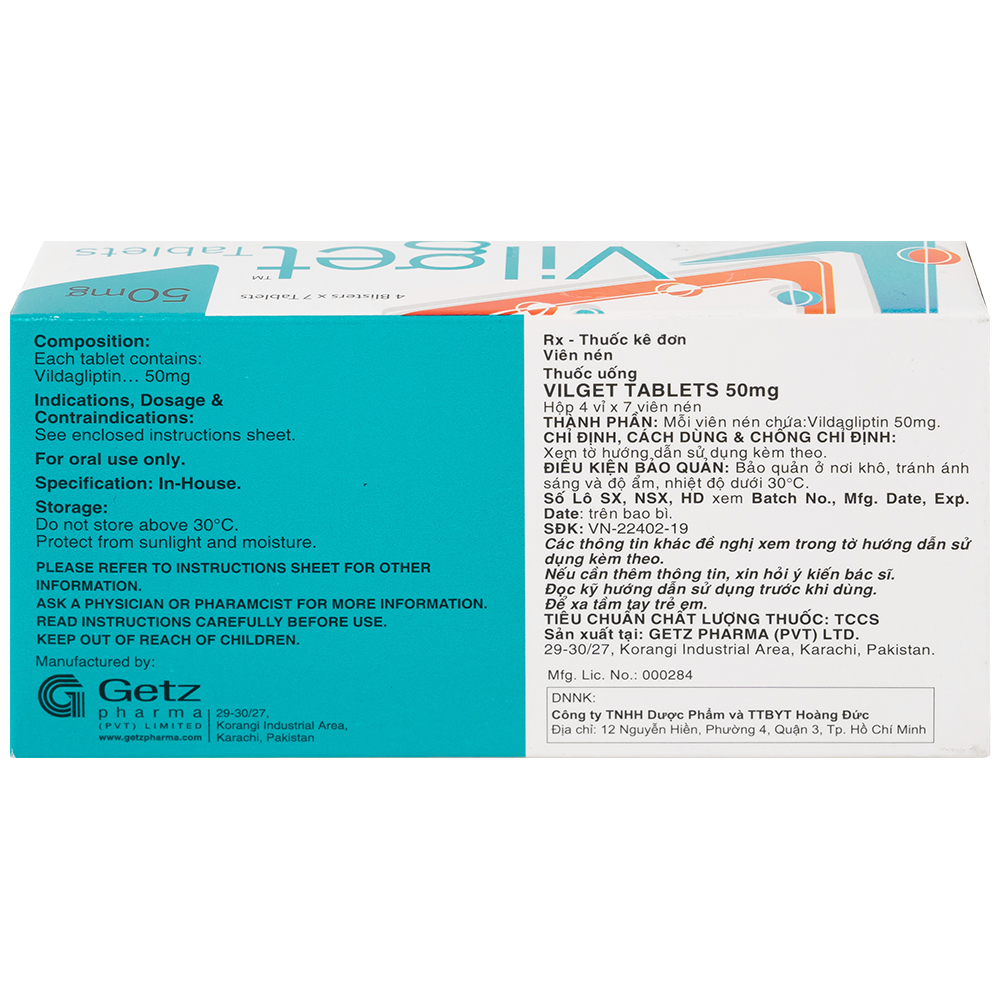 Thuốc Vilget Tablets 50mg Getz điều trị bệnh đái tháo đường típ 2 (4 vỉ x 7 viên)