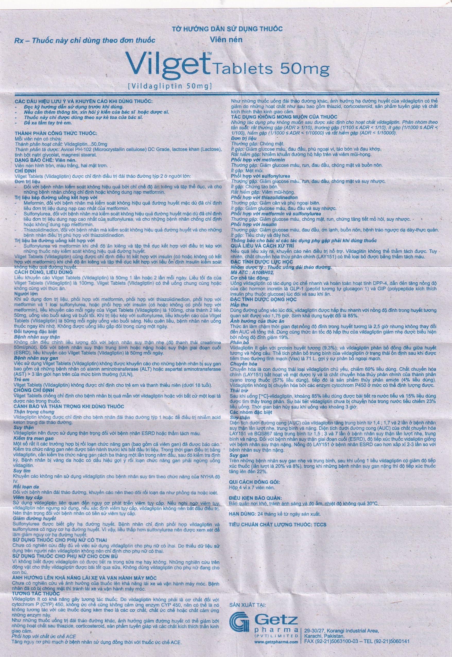 Thuốc Vilget Tablets 50mg Getz điều trị bệnh đái tháo đường típ 2 (4 vỉ x 7 viên)