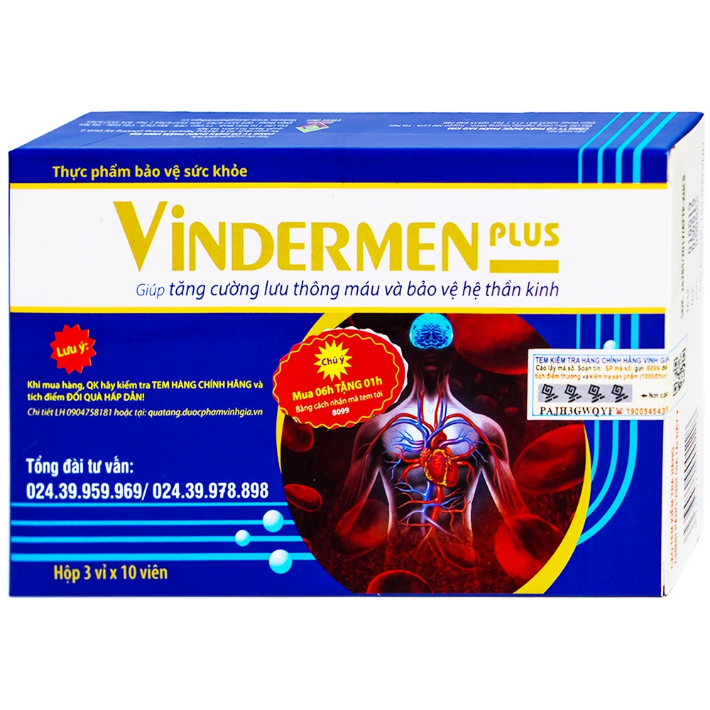 Viên hỗ trợ hoạt huyết Vindermen Plus Vinh Gia (3 vỉ x 10 viên)