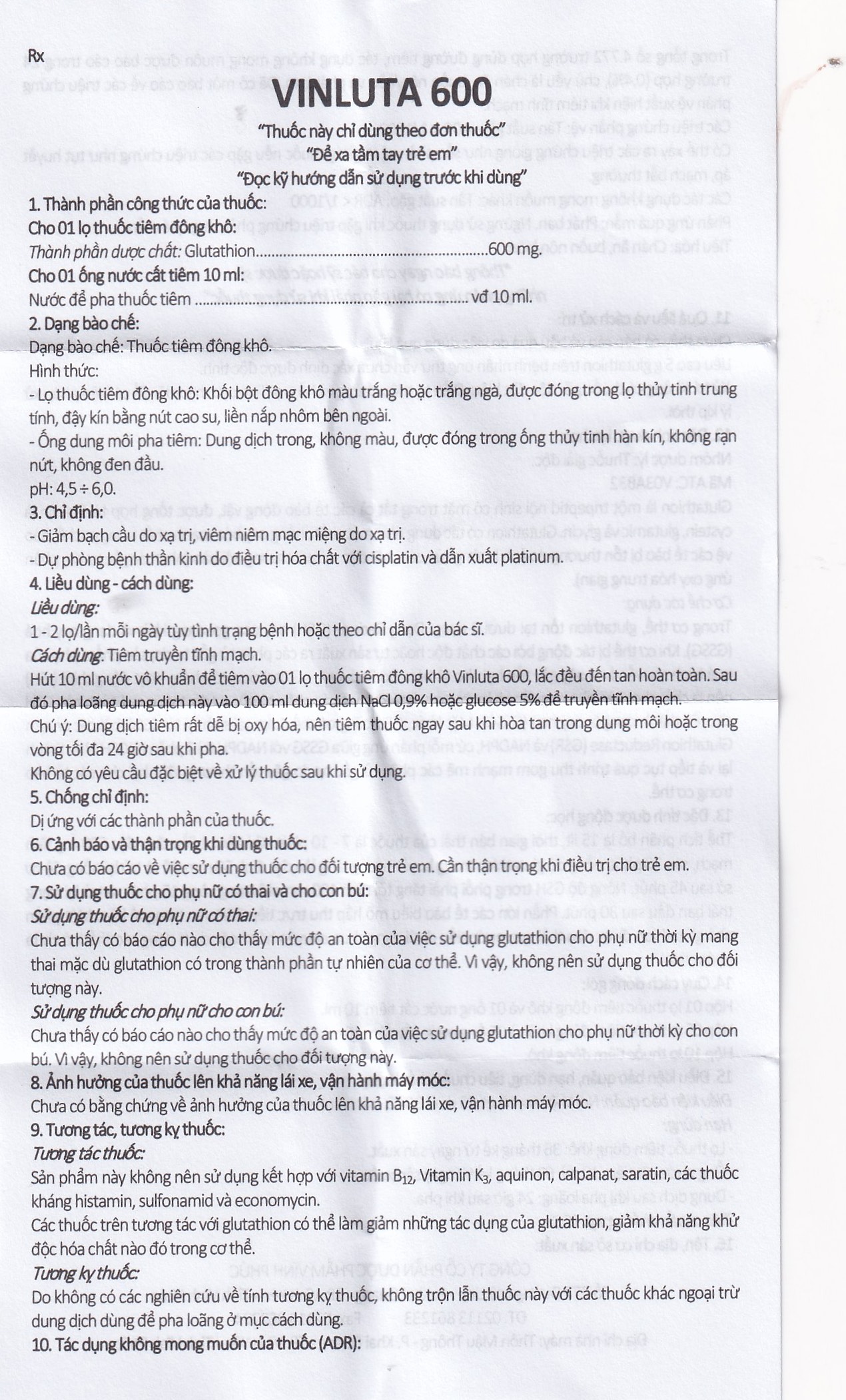 Thuốc tiêm Vinluta 600 Vinphaco giảm độc tính của xạ trị và hóa chất điều trị ung thư (1 lọ bột + 1 ống nước cất tiêm 10ml)