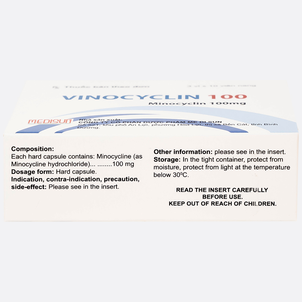 Thuốc Vinocyclin 100 Medisun điều trị mụn trứng cá, nhiễm trùng đường hô hấp (3 vỉ x 10 viên)