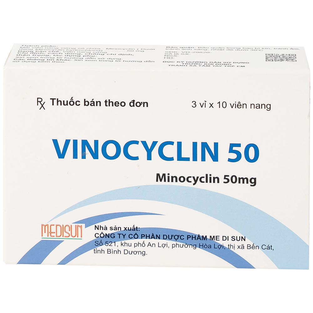 Thuốc Vinocyclin 50 Medisun điều trị mụn trứng cá, nhiễm trùng đường hô hấp (3 vỉ x 10 viên)