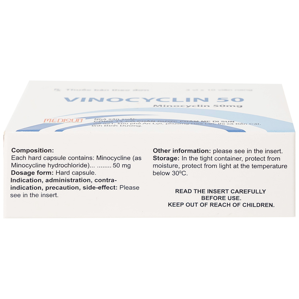 Thuốc Vinocyclin 50 Medisun điều trị mụn trứng cá, nhiễm trùng đường hô hấp (3 vỉ x 10 viên)
