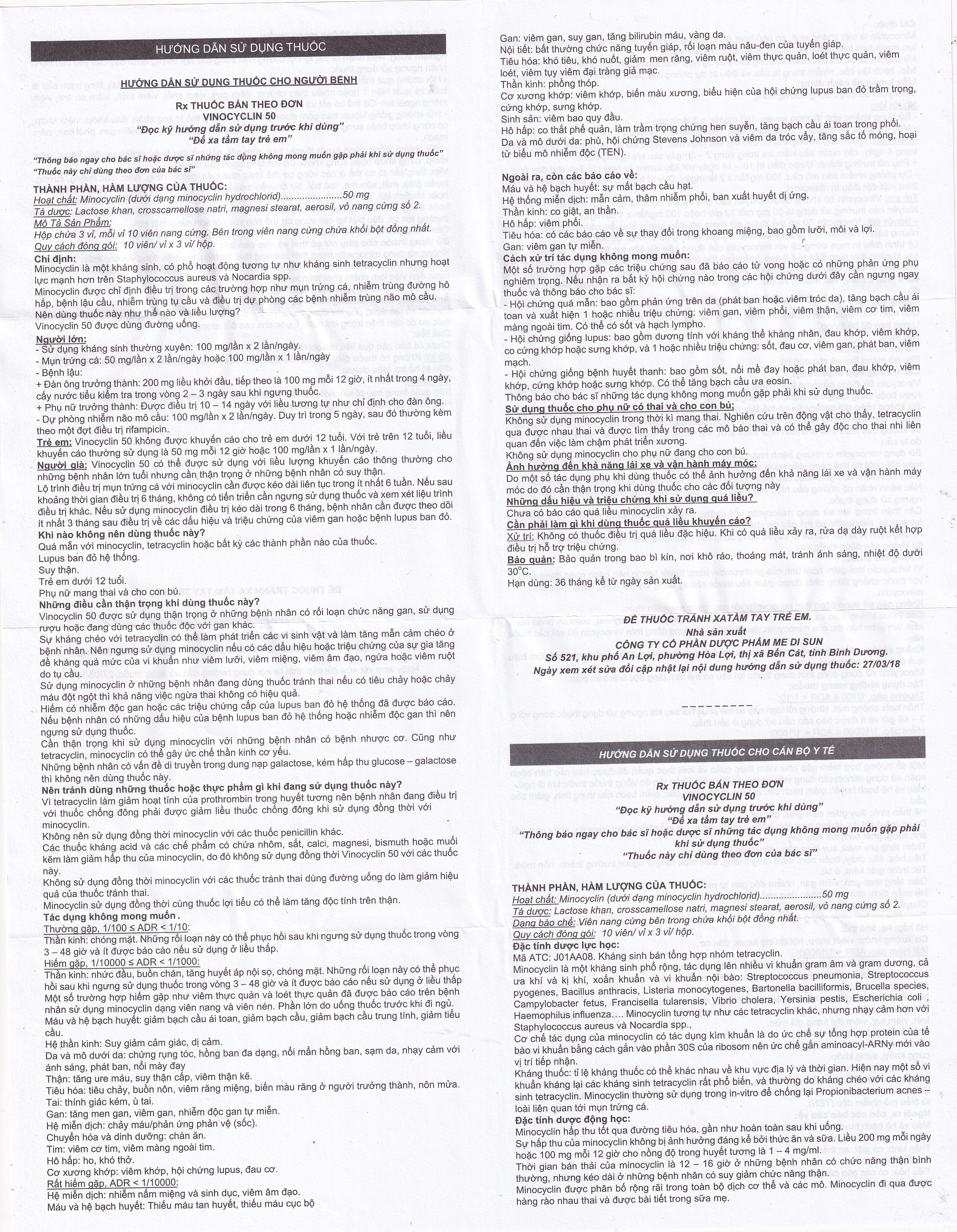 Thuốc Vinocyclin 50 Medisun điều trị mụn trứng cá, nhiễm trùng đường hô hấp (3 vỉ x 10 viên)