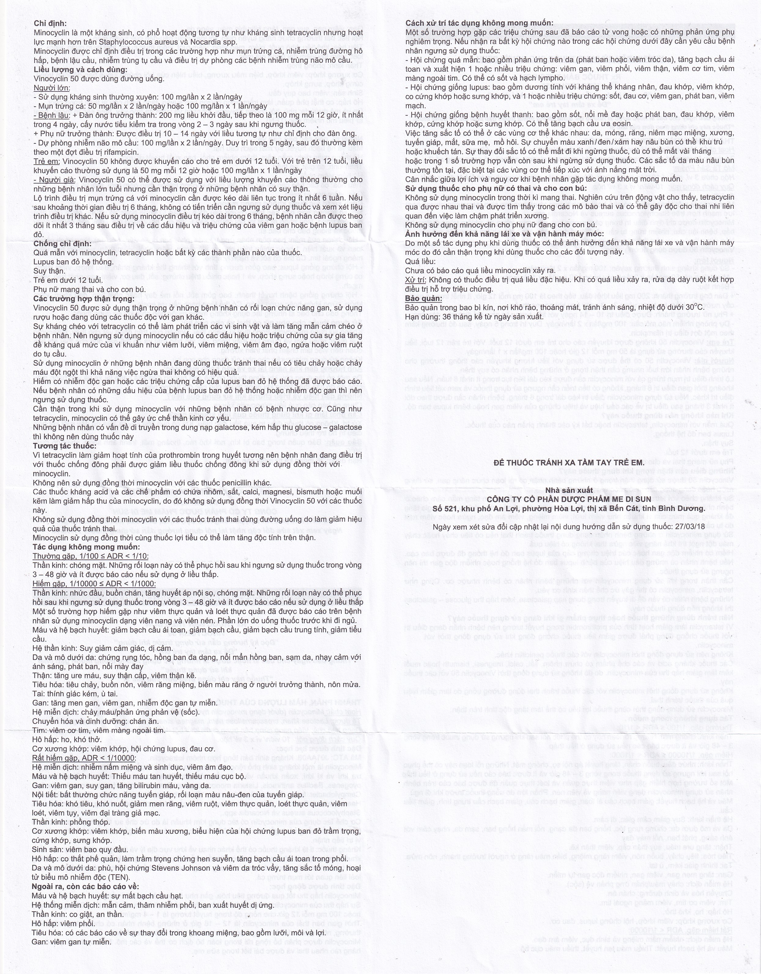 Thuốc Vinocyclin 50 Medisun điều trị mụn trứng cá, nhiễm trùng đường hô hấp (3 vỉ x 10 viên)