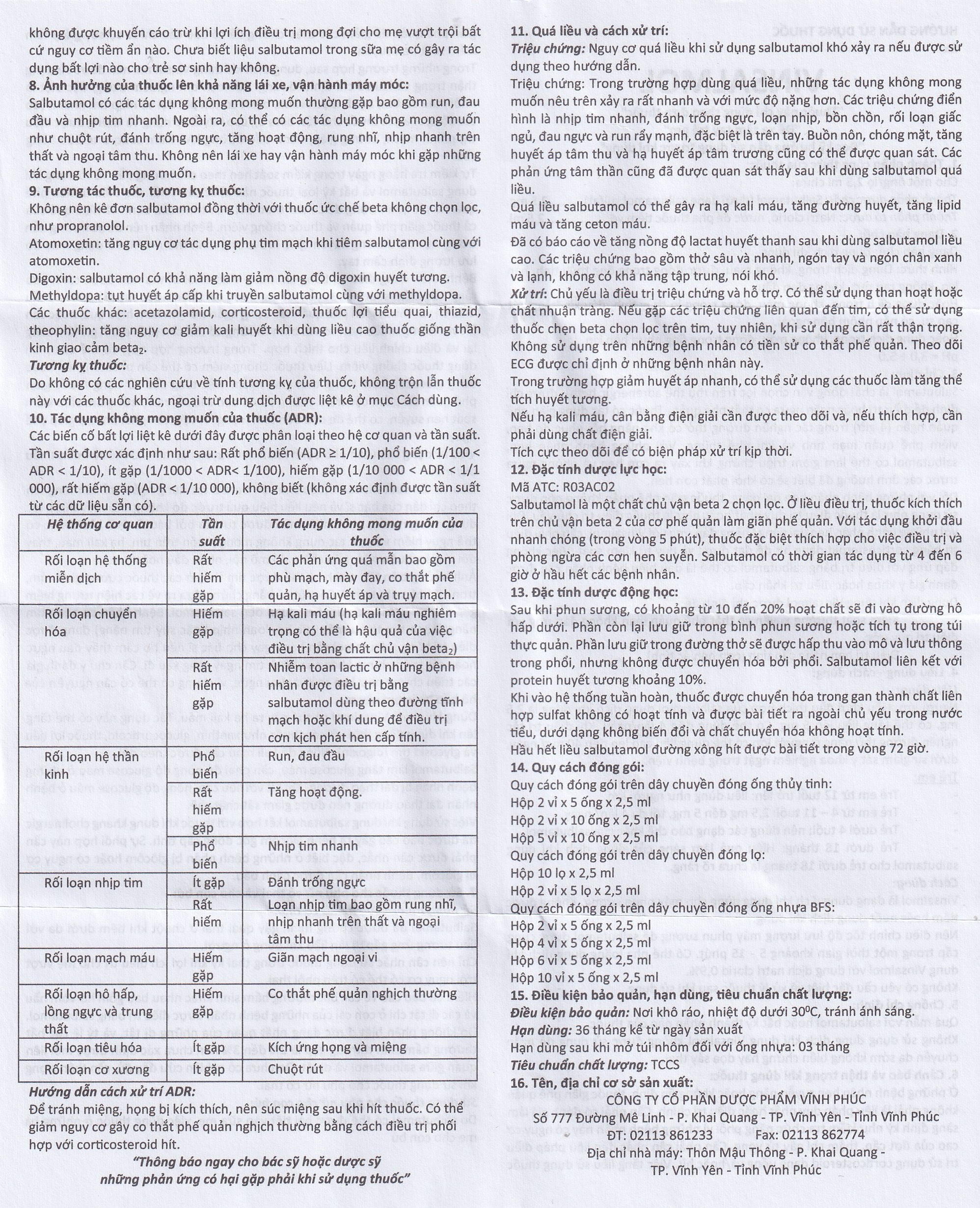 Thuốc Vinsalmol 2.5mg/2.5ml Vinphaco hỗ trợ kiểm soát co thắt phế quản mạn, hen ác tính (2 vỉ x 5 ống)
