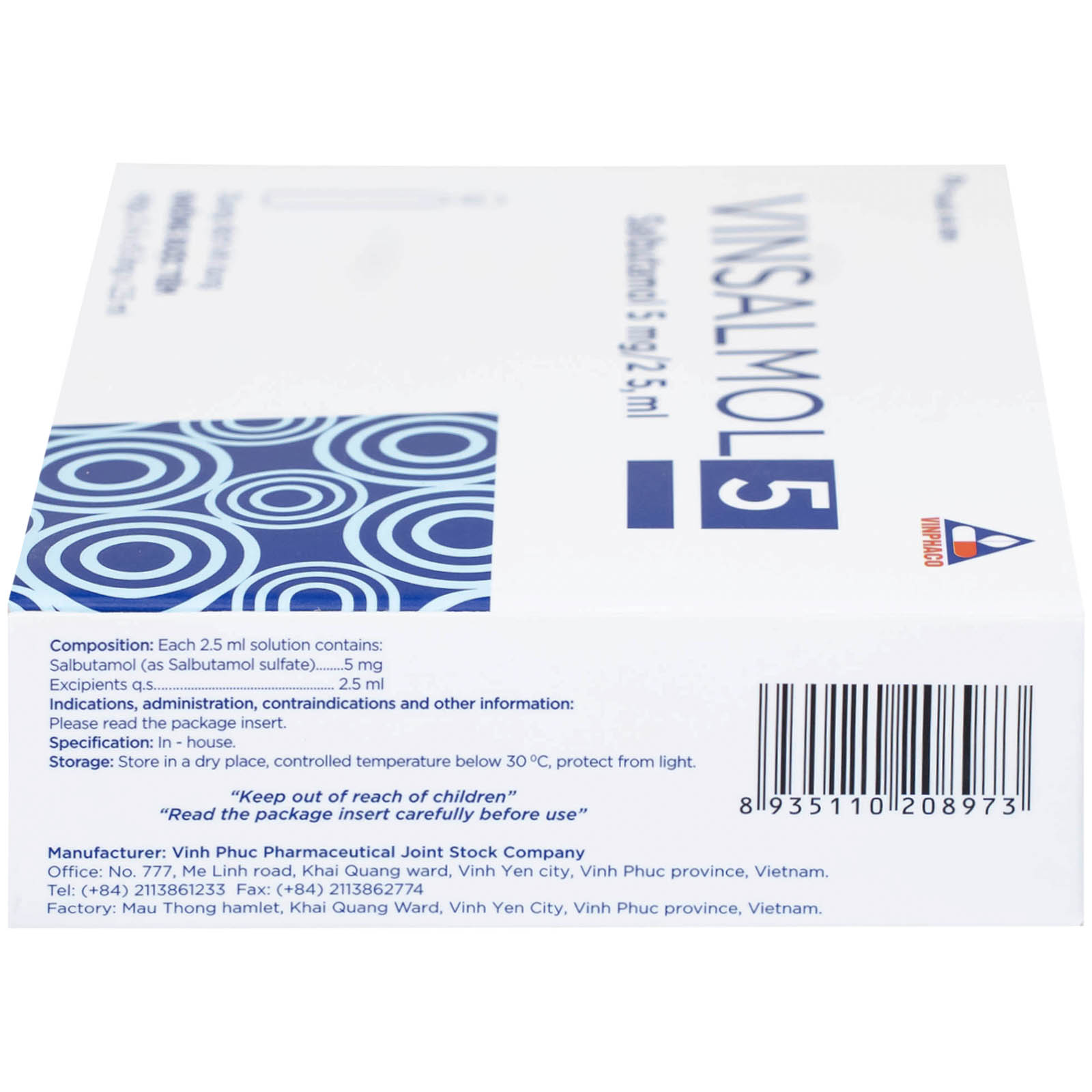 Dung dịch khí dung Vinsalmol 5mg/2.5ml Vinphaco trị triệu chứng hen cấp tính, đợt kịch phát hen (2 vỉ x 5 ống)