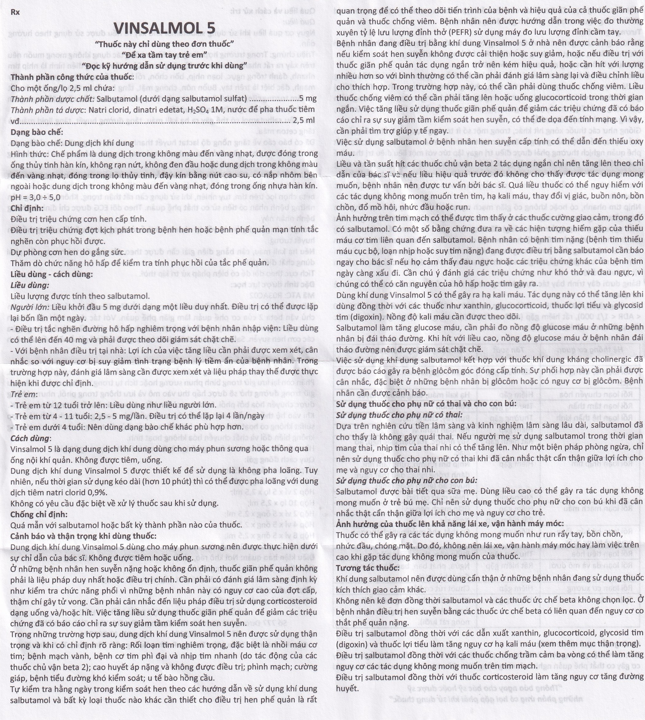 Dung dịch khí dung Vinsalmol 5mg/2.5ml Vinphaco trị triệu chứng hen cấp tính, đợt kịch phát hen (2 vỉ x 5 ống)