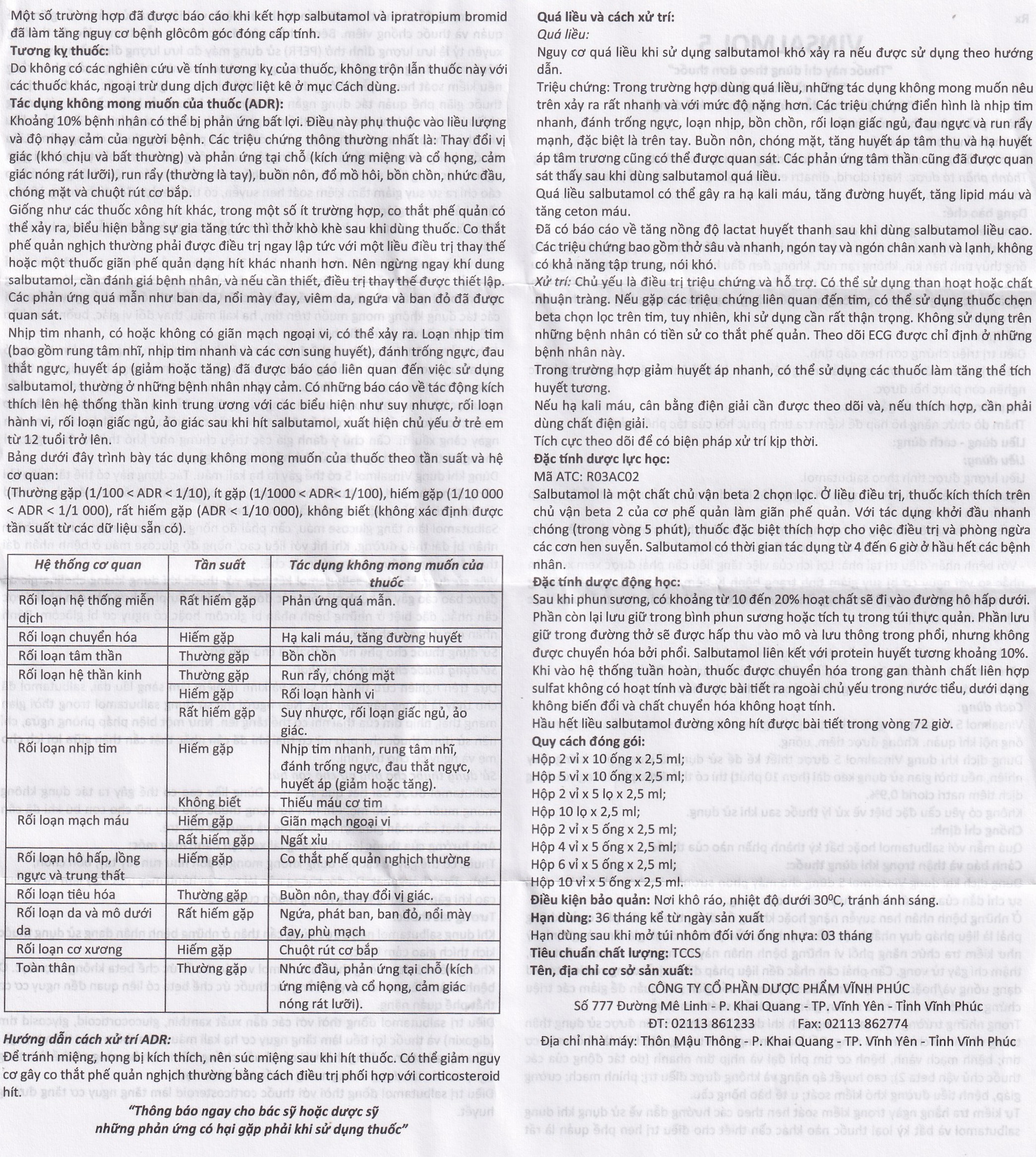 Dung dịch khí dung Vinsalmol 5mg/2.5ml Vinphaco trị triệu chứng hen cấp tính, đợt kịch phát hen (2 vỉ x 5 ống)