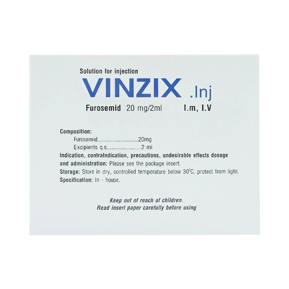 Dung dịch Vinzix 20mg/2ml Vinphaco điều trị phù trong suy tim sung huyết (10 vỉ x 5 ống x 2ml)