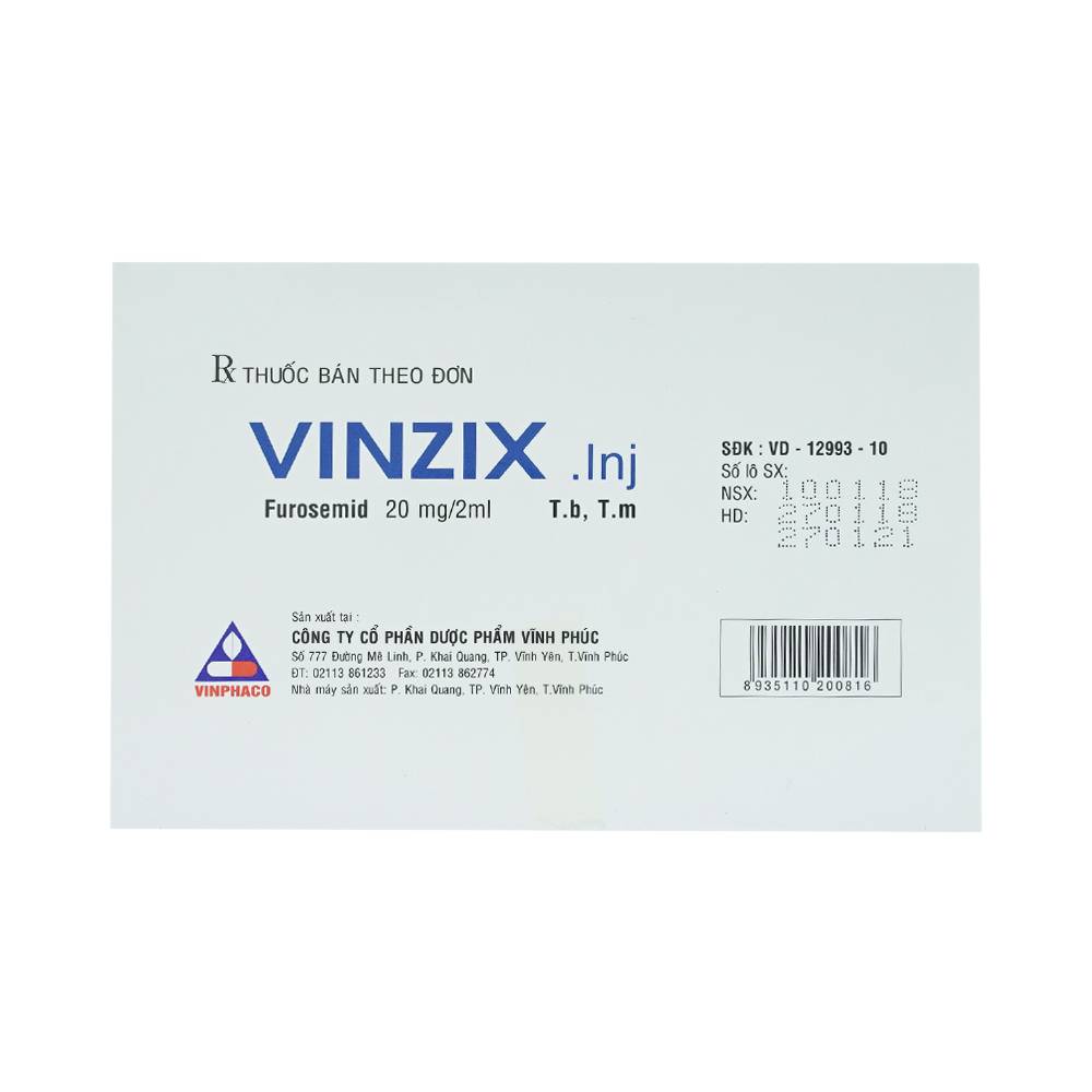 Dung dịch Vinzix 20mg/2ml Vinphaco điều trị phù trong suy tim sung huyết (10 vỉ x 5 ống x 2ml)