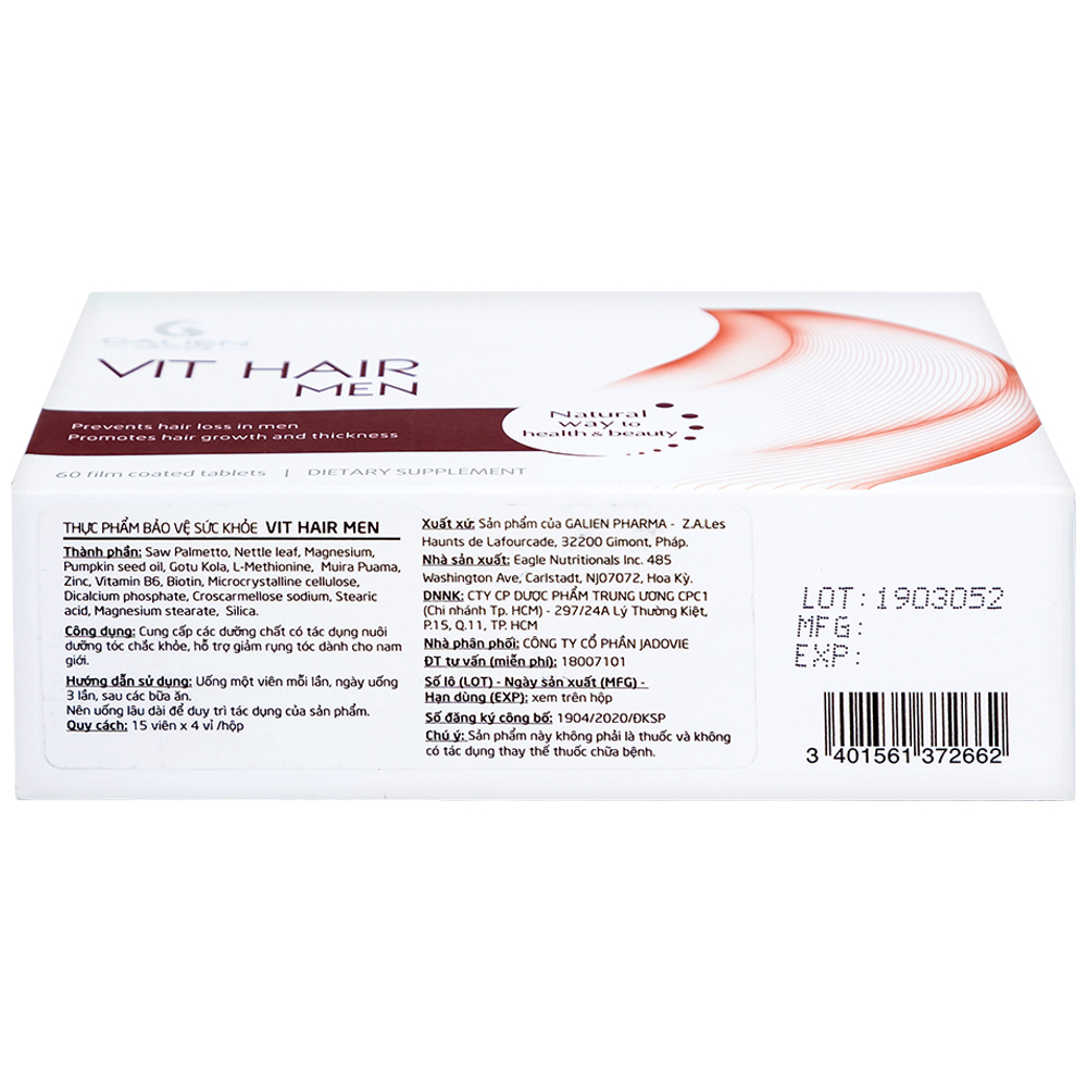 Viên uống hỗ trợ ngăn rụng tóc dành cho nam giới Vit Hair Men Galien (4 vỉ x 15 viên)