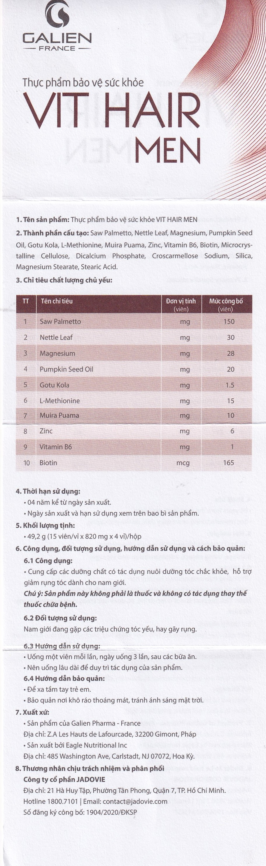 Viên uống hỗ trợ ngăn rụng tóc dành cho nam giới Vit Hair Men Galien (4 vỉ x 15 viên)