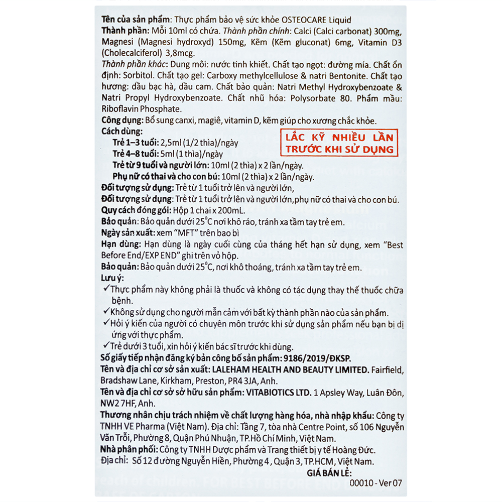 Siro bổ sung canxi khoáng chất chắc xương khoẻ khớp Vitabiotics Osteocare Liquid (200ml)