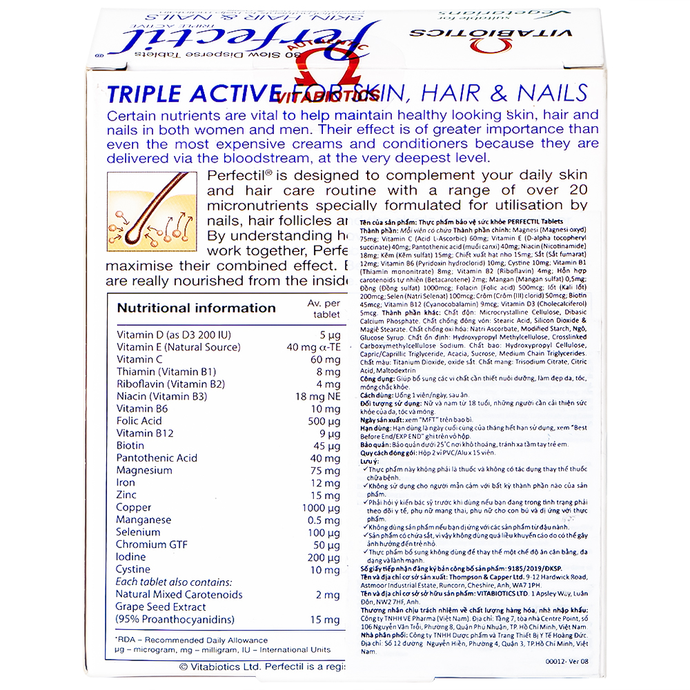 Viên uống bổ sung vi chất làm đẹp da móng tóc Perfectil Vitabiotics (2 vỉ x 15 viên)
