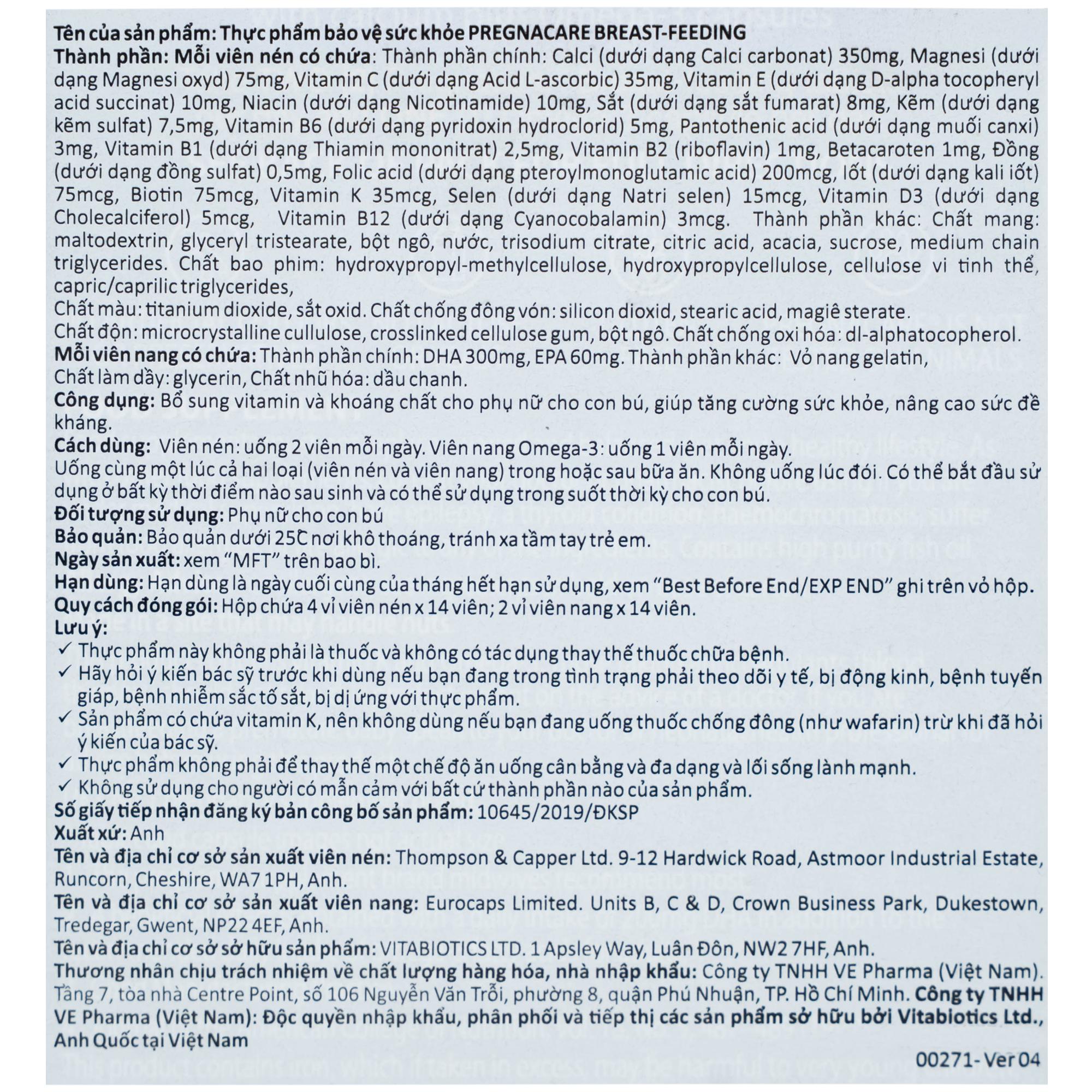 Viên bổ sung vitamin và khoáng chất cho phụ nữ cho con bú Vitabiotics Pregnacare Breast Feeding (6 vỉ x 14 viên)