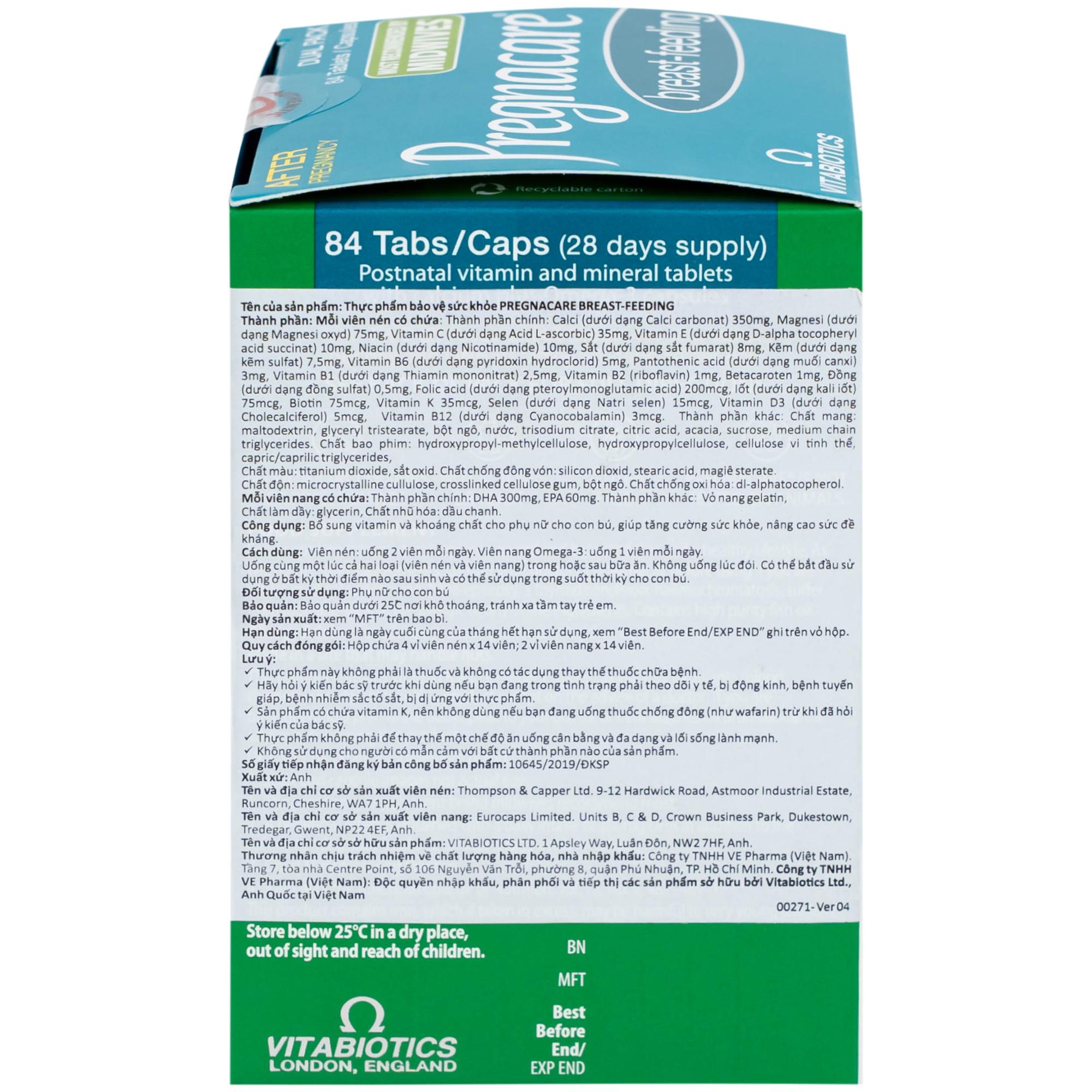 Viên bổ sung vitamin và khoáng chất cho phụ nữ cho con bú Vitabiotics Pregnacare Breast Feeding (6 vỉ x 14 viên)
