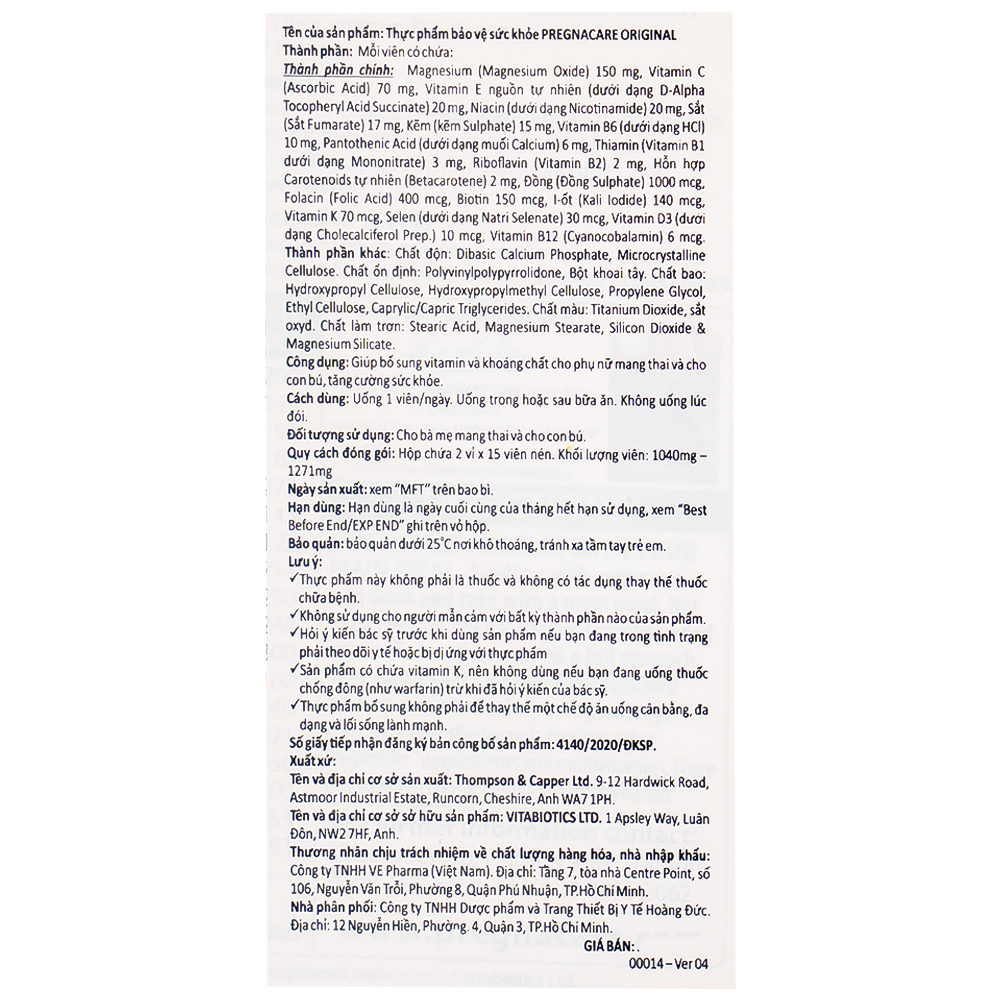 Viên bổ sung vitamin khoáng chất cho phụ nữ mang thai và cho con bú Vitabiotics Pregnacare Original (2 vỉ x 15 viên)