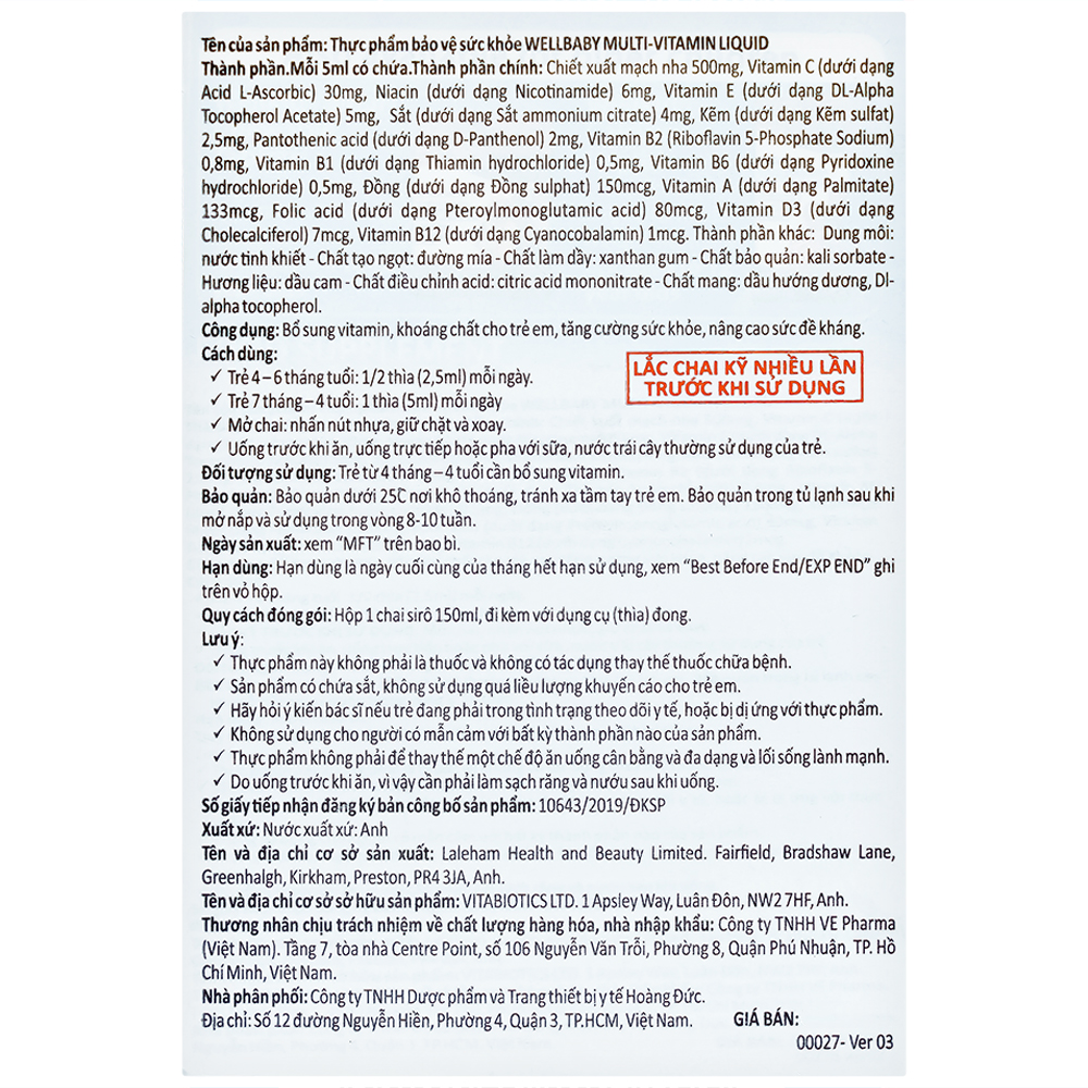 Siro bổ sung vitamin khoáng chất cho trẻ Vitabiotics Wellbaby Multi-Vitamin Liquid (150ml)