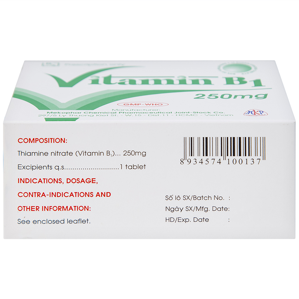 Thuốc Vitamin B1 250mg Mekophar điều trị tình trạng thiếu Vitamin B (10 vỉ x 10 viên)