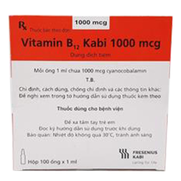 Thuốc Vitamin B12 Kabi 1000mcg điều trị thiếu vitamin B12 (100 ống X 1ml)