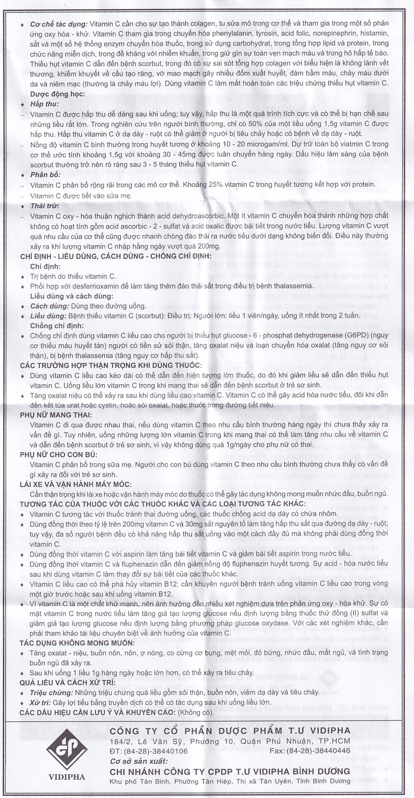 Thuốc Vitamin C 500mg Vidipha điều trị bệnh do thiếu Vitamin C (100 viên)
