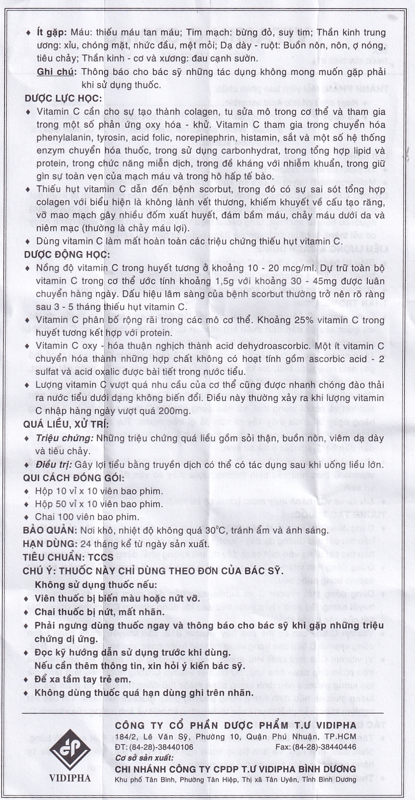 Thuốc Vitamin C 500mg Vidipha điều trị bệnh do thiếu Vitamin C (10 vỉ x 10 viên)