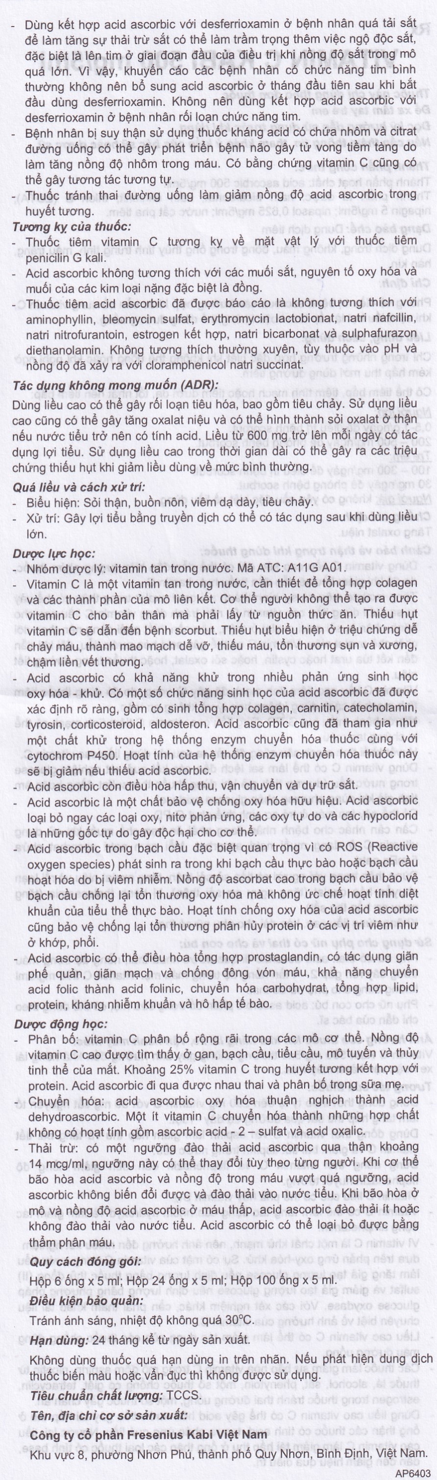 Thuốc tiêm Vitamin C Kabi 500mg/5ml phòng và điều trị bệnh Scorbut (1 vỉ x 6 ống )