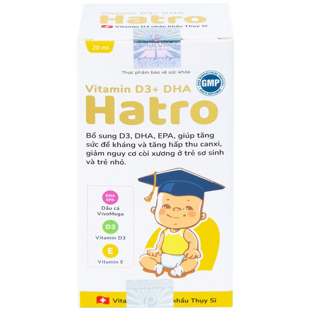 Dung dịch bổ sung Vitamin D3, DHA, EPA tăng đề kháng, giảm nguy cơ còi xương Vitamin D3+ DHA Hatro (20ml)