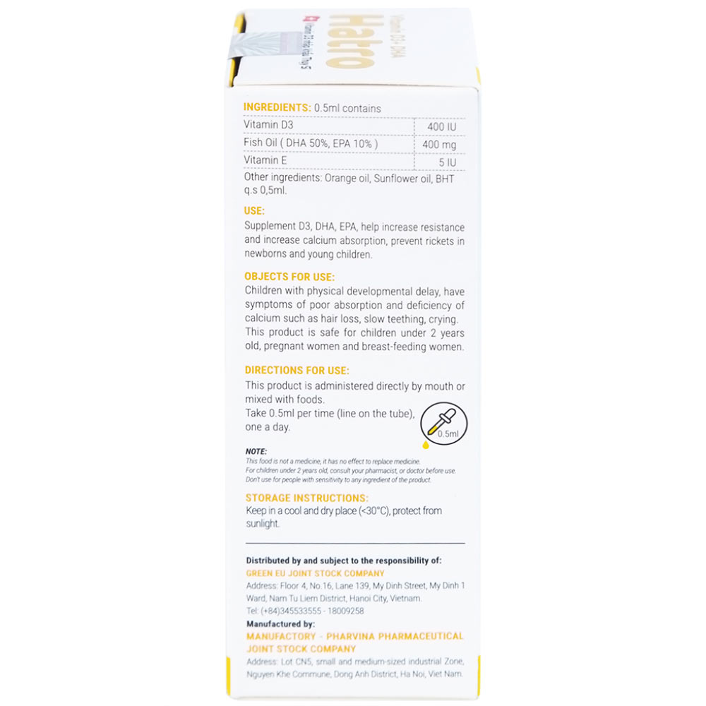 Dung dịch bổ sung Vitamin D3, DHA, EPA tăng đề kháng, giảm nguy cơ còi xương Vitamin D3+ DHA Hatro (20ml)