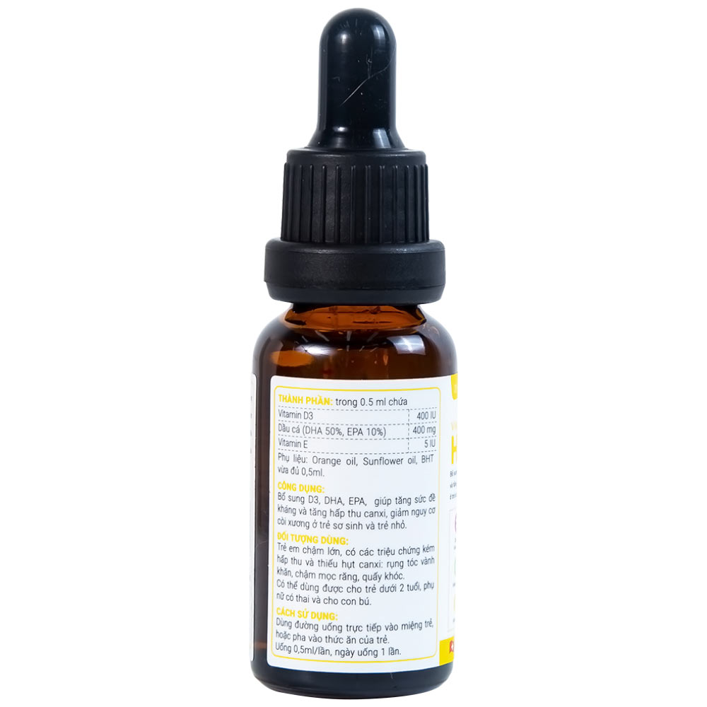 Dung dịch bổ sung Vitamin D3, DHA, EPA tăng đề kháng, giảm nguy cơ còi xương Vitamin D3+ DHA Hatro (20ml)