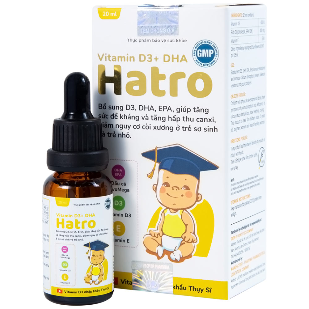 Dung dịch bổ sung Vitamin D3, DHA, EPA tăng đề kháng, giảm nguy cơ còi xương Vitamin D3+ DHA Hatro (20ml)